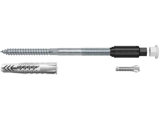 Eine Metallschraube mit einer Kunststoffhülse und einem kleineren Dübel rechts daneben, verschiedene Arten von Befestigungswerkzeugen darstellend.