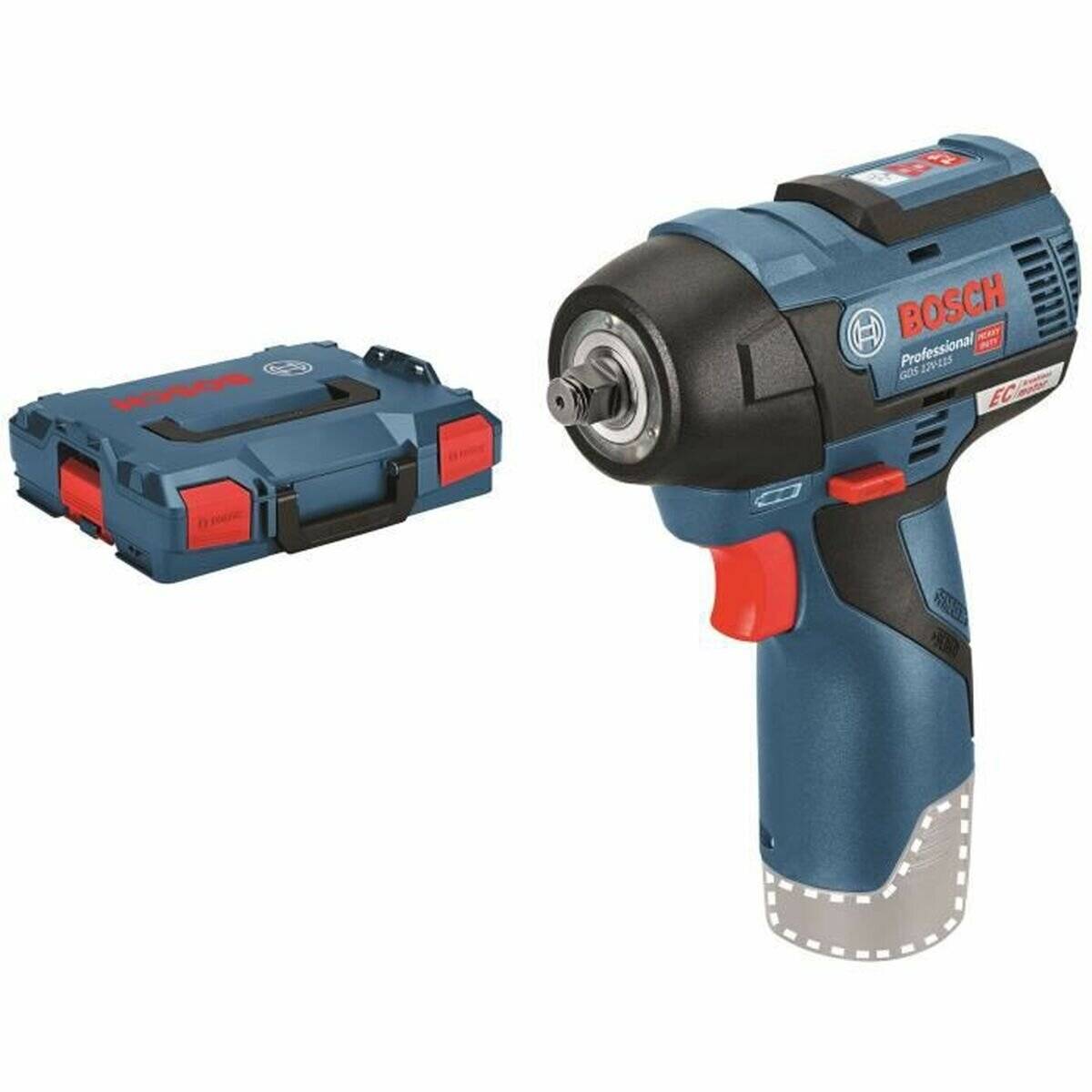 Eine blaue und schwarze Bosch Professional Akku-Bohrmaschine mit rotem Auslöser, die neben ihrem roten und blauen Transportkoffer präsentiert wird.