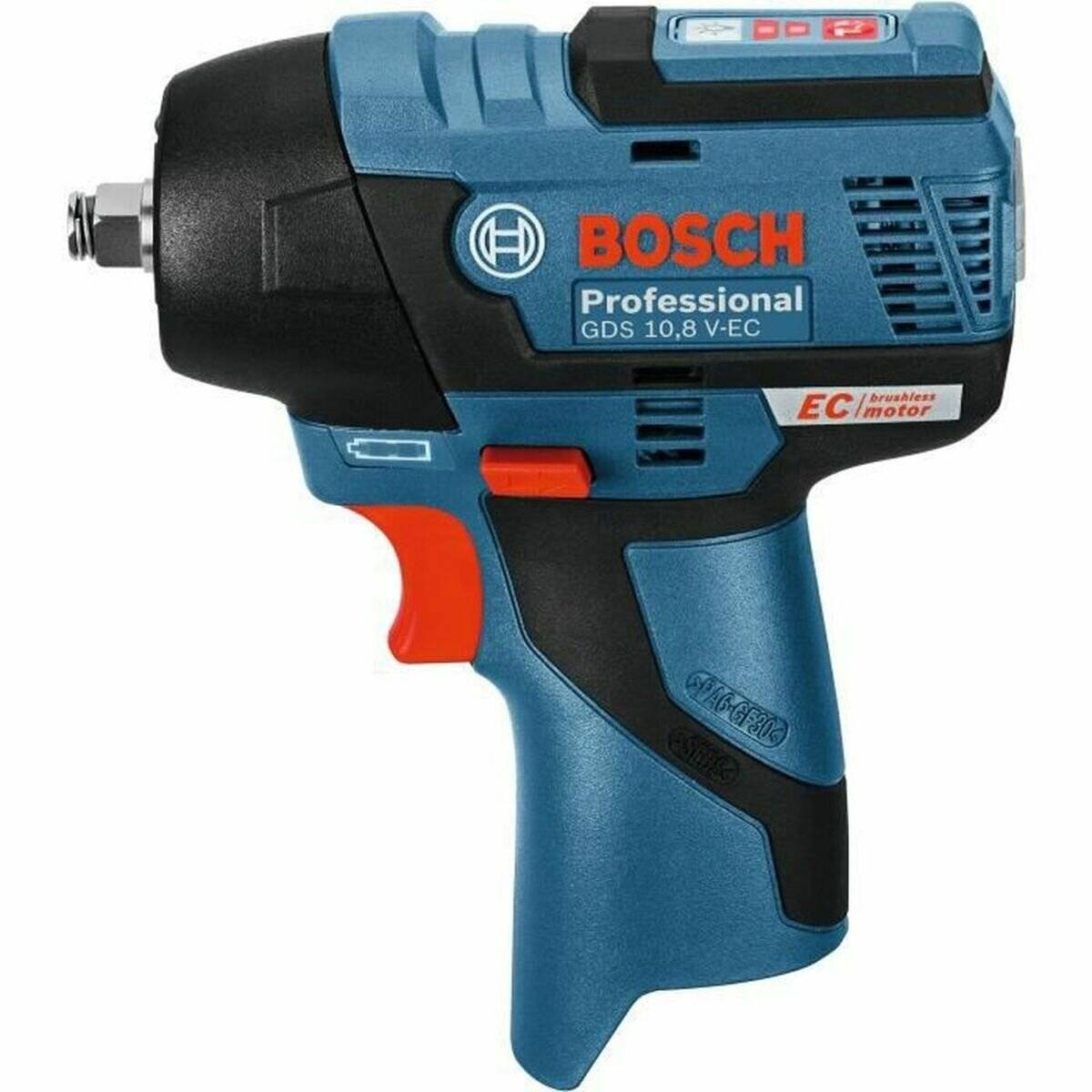 Ein kabelloser Bosch Schlagschrauber, Modell GDS 10.8 V-EC, mit einem blau-, schwarz- und rotfarbenen Design, beschriftet mit 'Professional'.