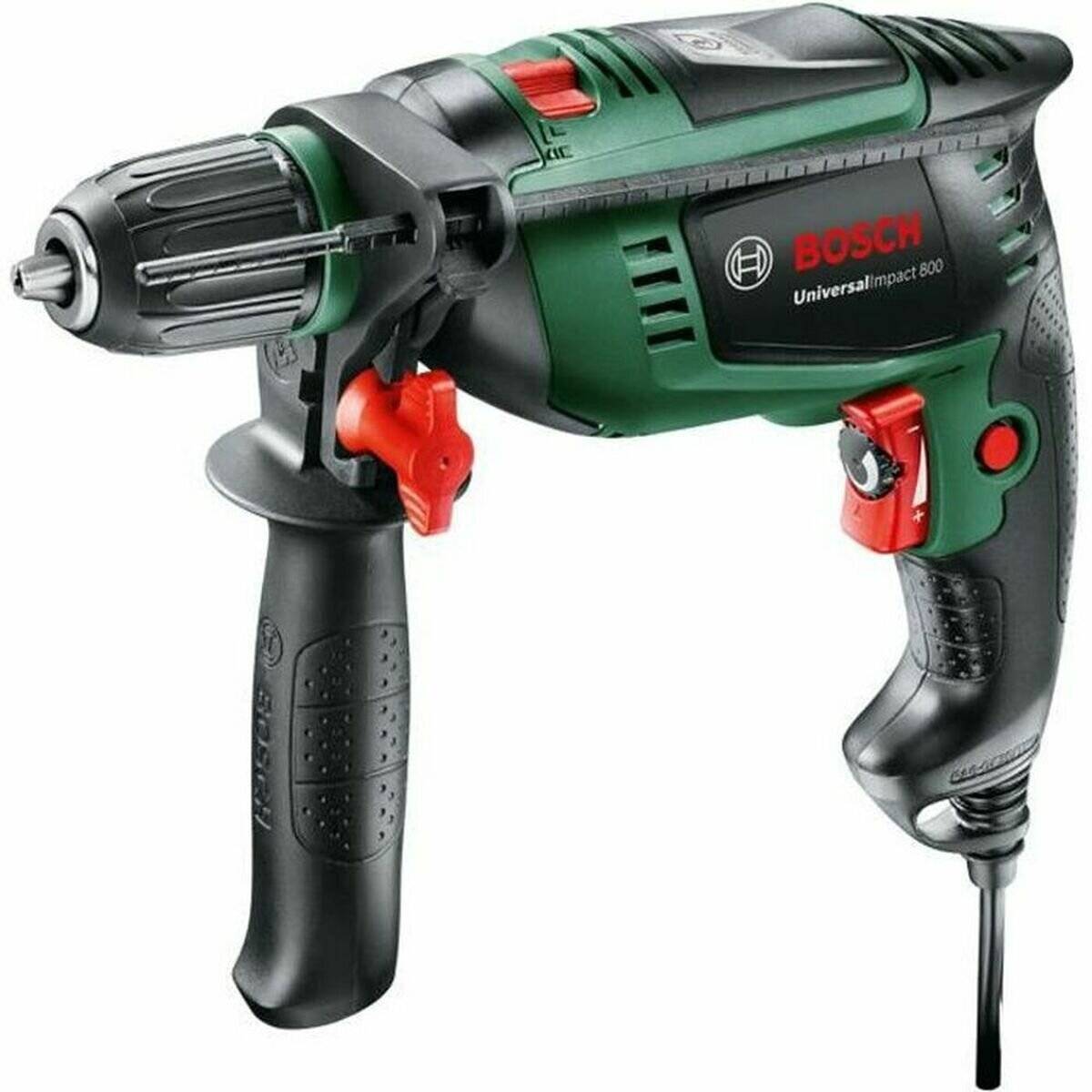 Grüne und schwarze Bosch UniversalImpact 800 Schlagbohrmaschine mit ergonomischem Griff, verschiedenen Geschwindigkeitsstufen und robuster Konstruktion für schwere Einsätze.