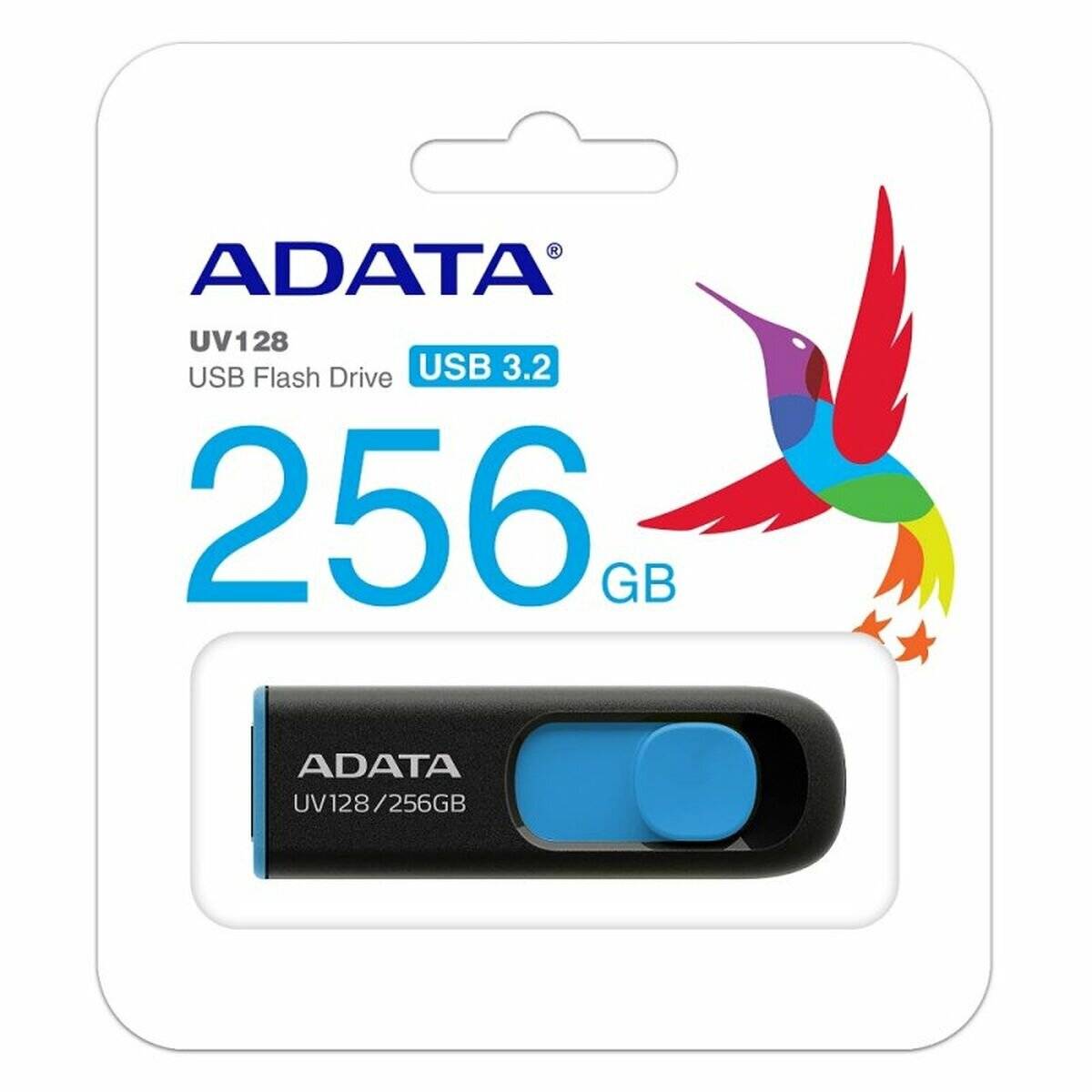 Ein schwarzer und blauer 256 GB ADATA UV128 USB 3.2 USB-Stick in Verpackung mit bunter Kolibri-Grafik.