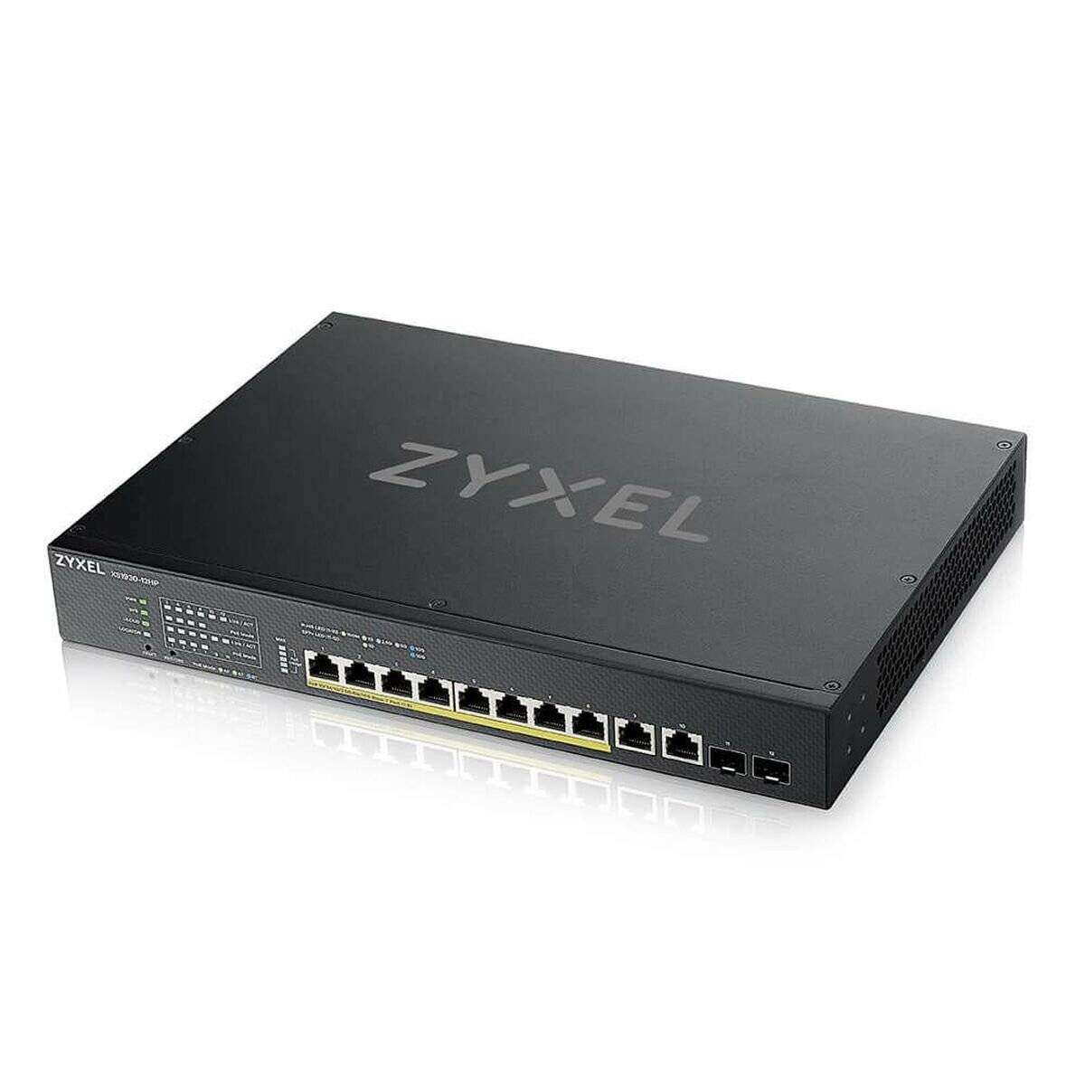 Netzwerk-Switch mit mehreren Ethernet-Anschlüssen, vorderen LED-Indikatoren und Zyxel-Branding auf der Oberseite, verwendet zum Verbinden von Netzwerkgeräten.