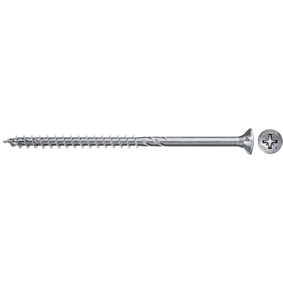 Holzschraube mit Kreuzschliff-Kopf aus Metall, horizontal dargestellt. Die Schraube verfügt über eine spitze Spitze und einen gerillten Schaft, speziell für Zimmermannsarbeiten konzipiert.