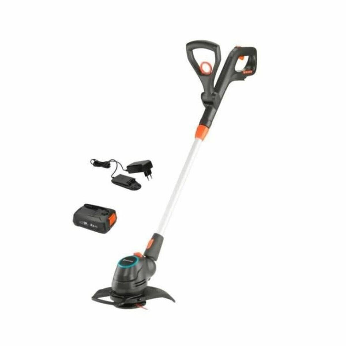 Akku-Rasentrimmer mit verstellbarem Griff und Kopf, Akku, Ladegerät und Schutzabdeckung, entwickelt für die Gartenpflege.