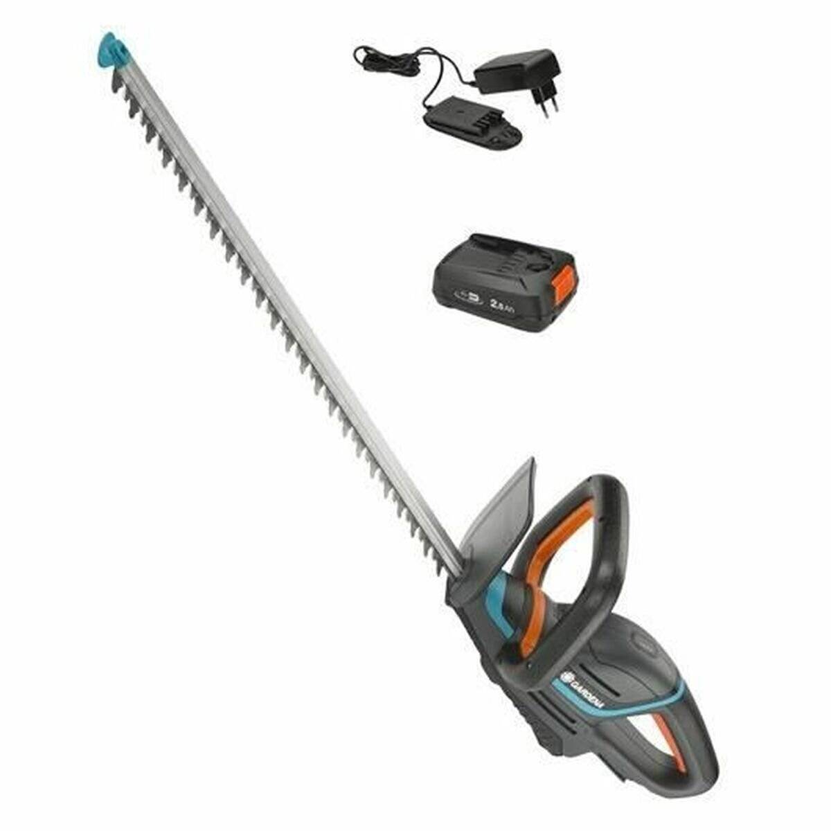 Akku-Heckenschere mit zwei Griffen, langem Messer, Akku und Ladegerät. Geeignet zum Beschneiden von Büschen und Hecken.