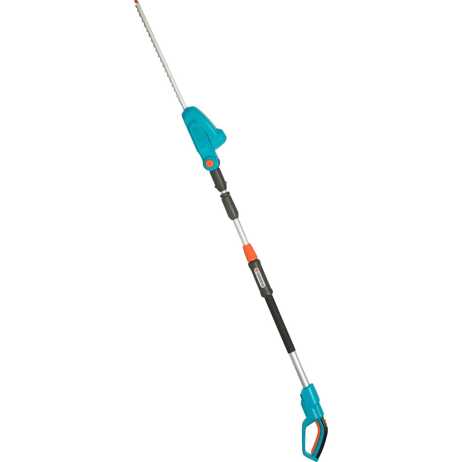 Ein langstieliger, blau-orangefarbener teleskopischer Heckenschneider, der zum Erreichen hoher Sträucher und Hecken entwickelt wurde und mit einem ergonomischen Griff ausgestattet ist.