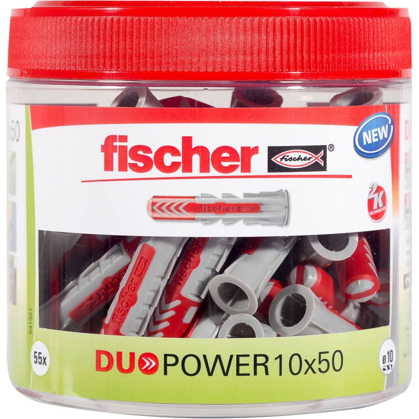 Dose mit 55 grauen und roten Fischer DUOPOWER Dübeln, Größe 10x50mm, mit einem roten Deckel.