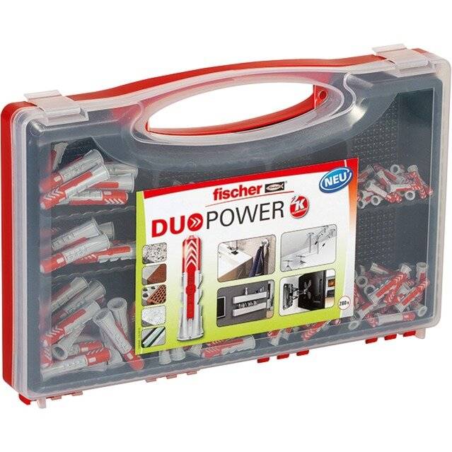 Eine Kunststoff-Transportbox mit verschiedenen Wanddübeln für unterschiedliche Materialien, beschriftet mit 'fischer DUOPOWER' und illustrierten Anwendungsbeispielen.
