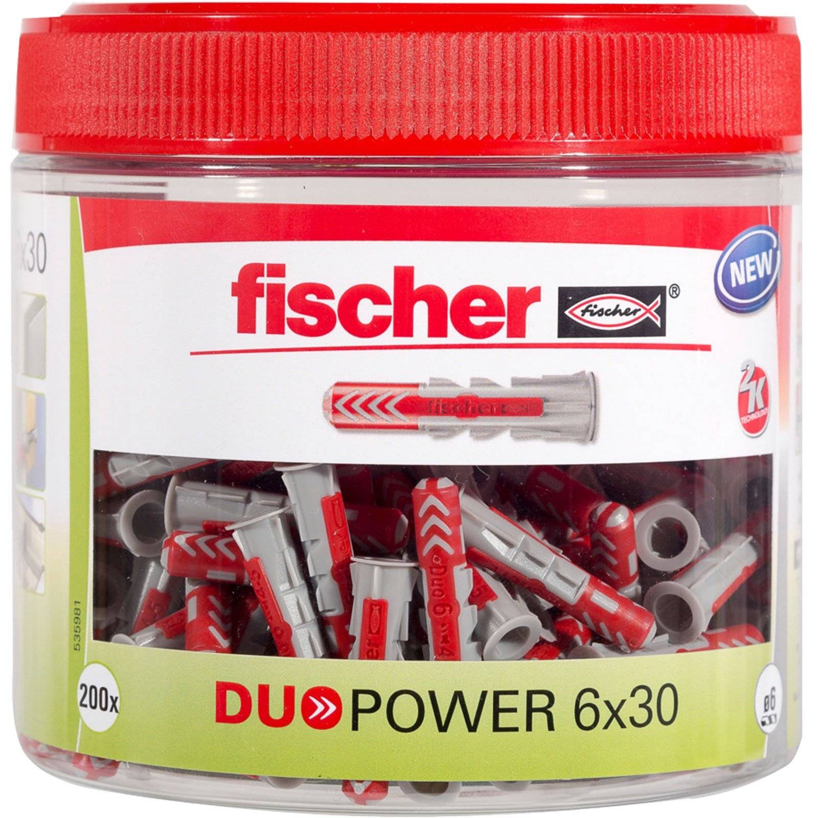 Kunststoffbehälter mit 200 roten und grauen Dübeln von Fischer, beschriftet mit 'DUOPOWER 6x30', mit einem roten Deckel und Produktdetails auf dem Etikett.