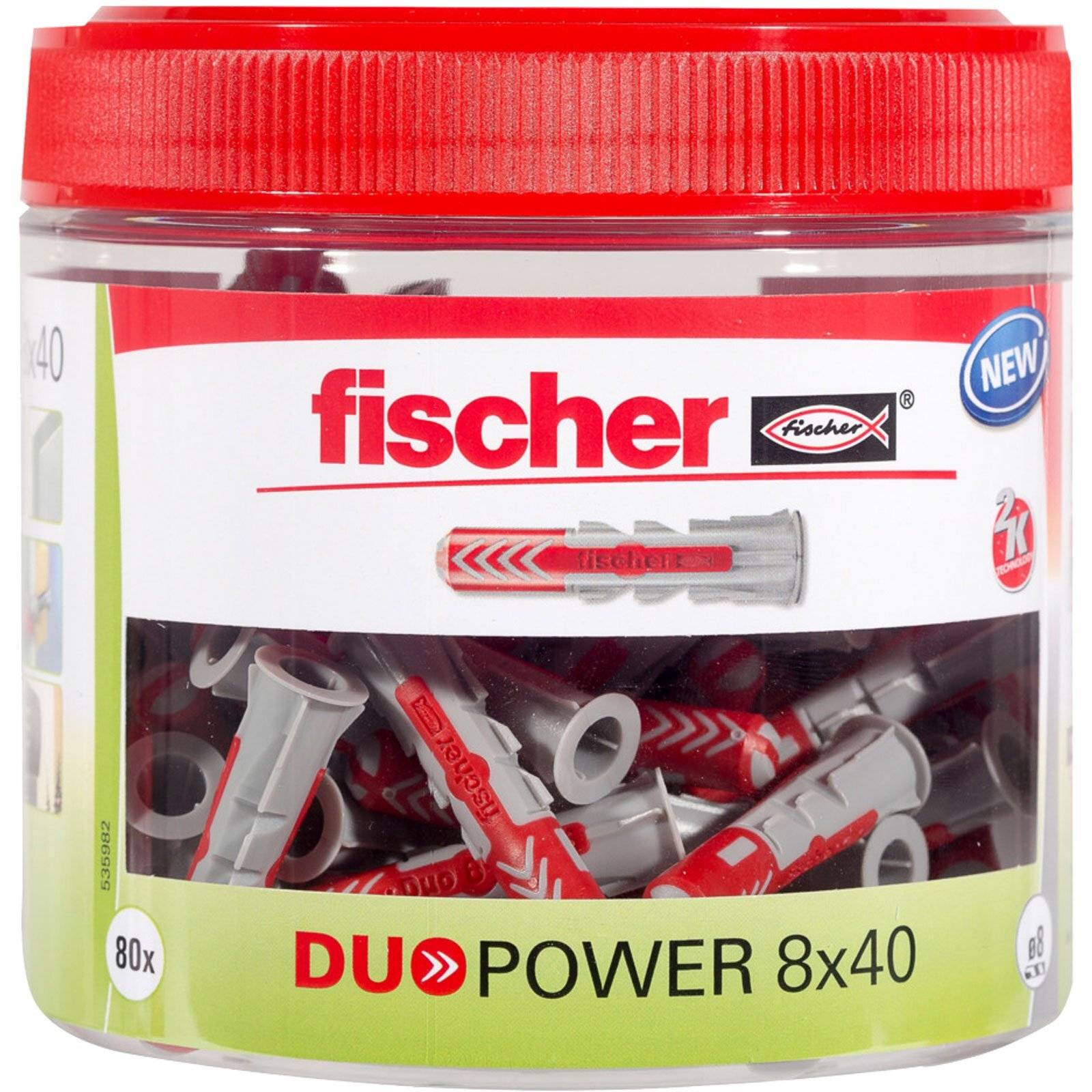 Ein transparenter Kunststoffbehälter mit Fischer DUOPOWER 8x40 Dübeln, ausgestattet mit einem roten Deckel und einer Mischung aus roten und grauen Dübeln im Inneren. Inhalt: 80 Stück.