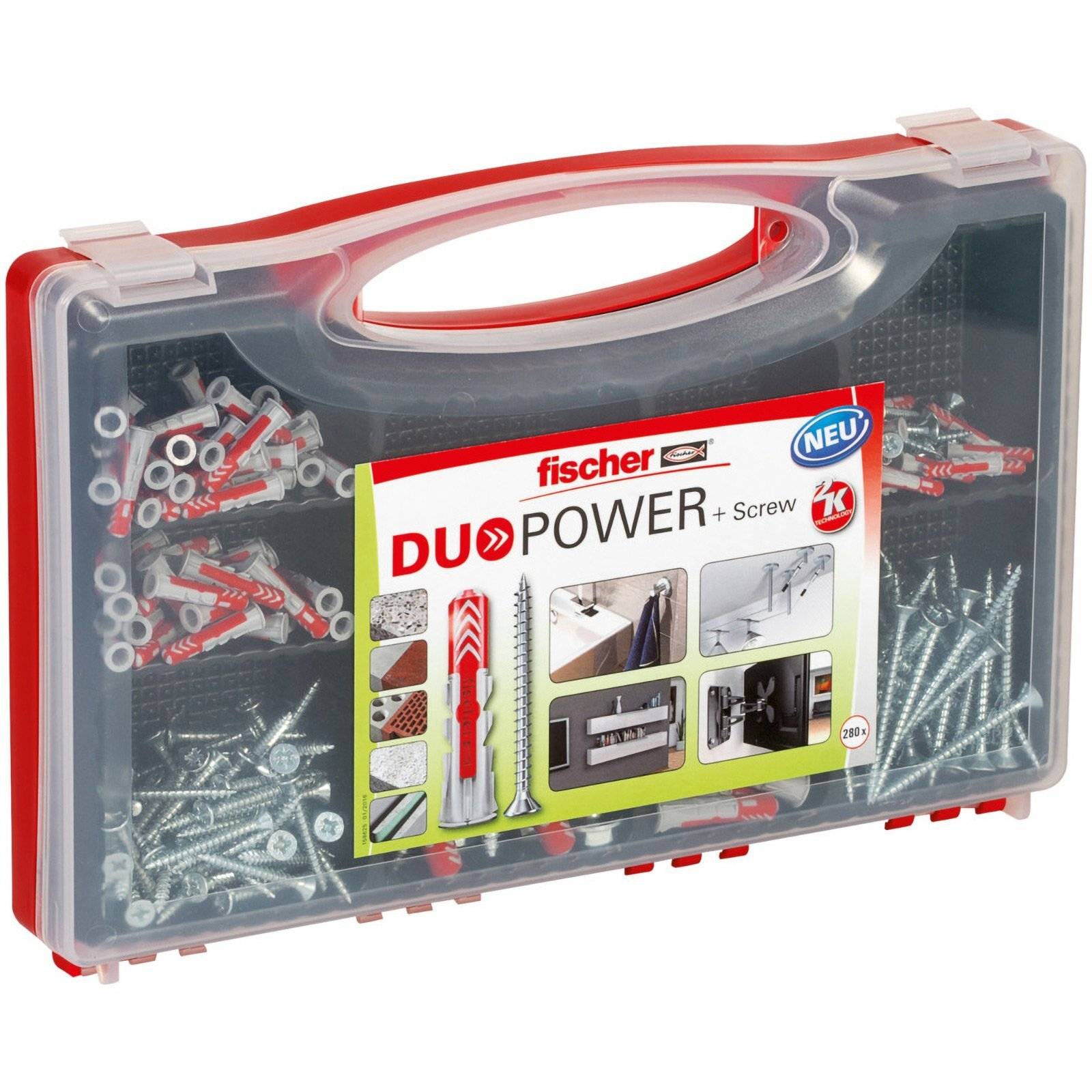 Kunststoffgehäuse mit verschiedenen Schrauben und Dübeln, beschriftet mit 'fischer DUOPOWER + Schraube', das seinen Einsatz für DIY-Projekte veranschaulicht.