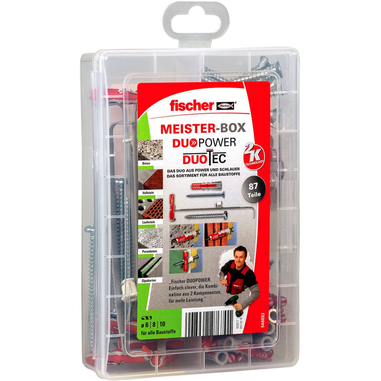 Eine Aufbewahrungsbox aus Kunststoff mit der Beschriftung 'MEISTER-BOX DUOPOWER DUOTEC', die verschiedene Schrauben und Dübel enthält, mit Illustrationen und Produktdetails.