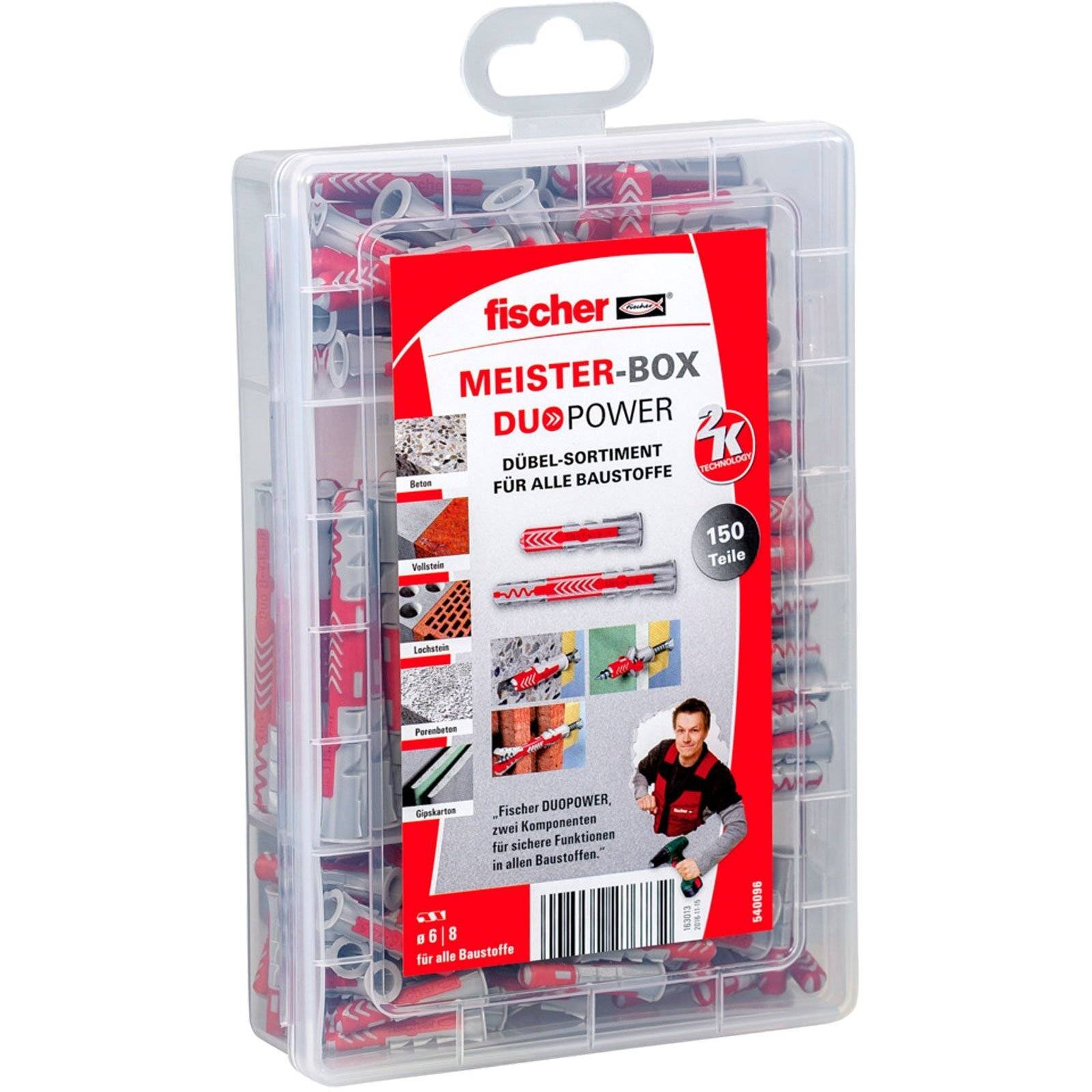 Fischer Meister-Box DuoPower' Set mit verschiedenen Dübeln, geeignet für alle Materialien. Verpackung zeigt 150 Stück und Anwendungsillustration.