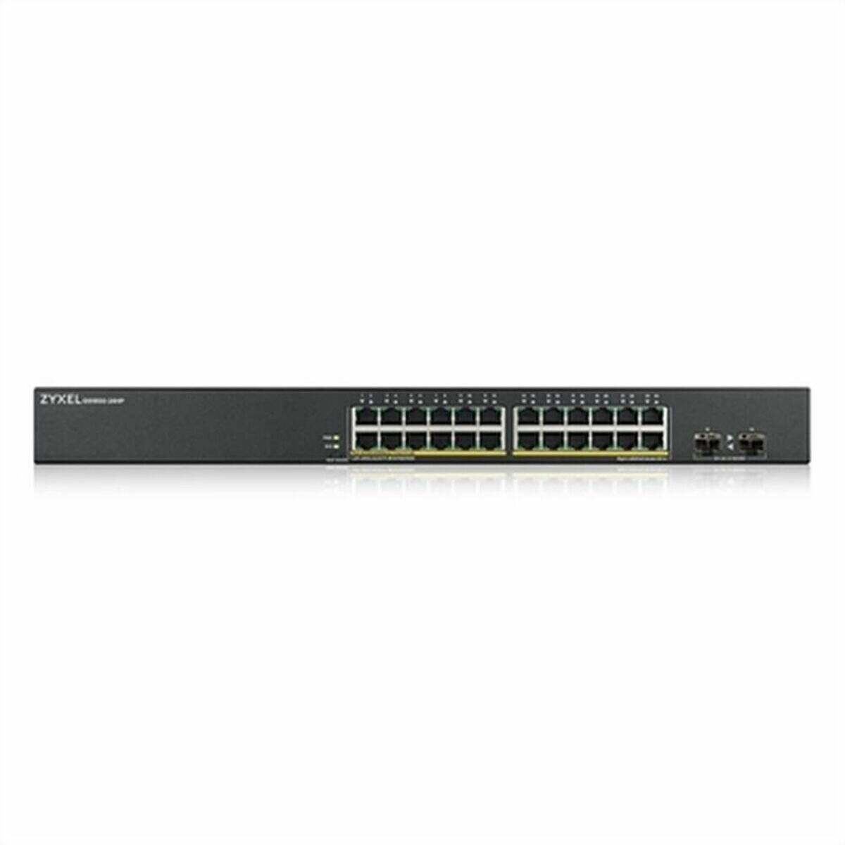 Vorderansicht eines Zyxel-Netzwerk-Switches zum Einbau in ein Rack mit mehreren Ethernet-Anschlüssen und Statusleuchten auf weißem Hintergrund.