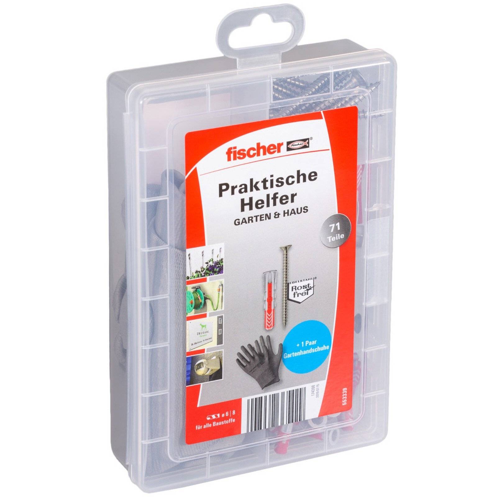 Ein Kunststoff-Werkzeugset mit der Aufschrift 'Praktische Helfer GARTEN & HAUS', das 71 Teile für Haus- und Gartenarbeiten umfasst, einschließlich Schrauben und Handschuhen.