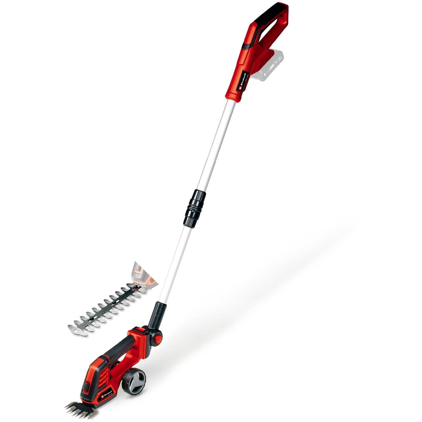 Ein rot-schwarzer elektrischer Gartentrimmer mit ausziehbarem Griff und austauschbaren Klingenaufsätzen zum Trimmen von Gras und Hecken.