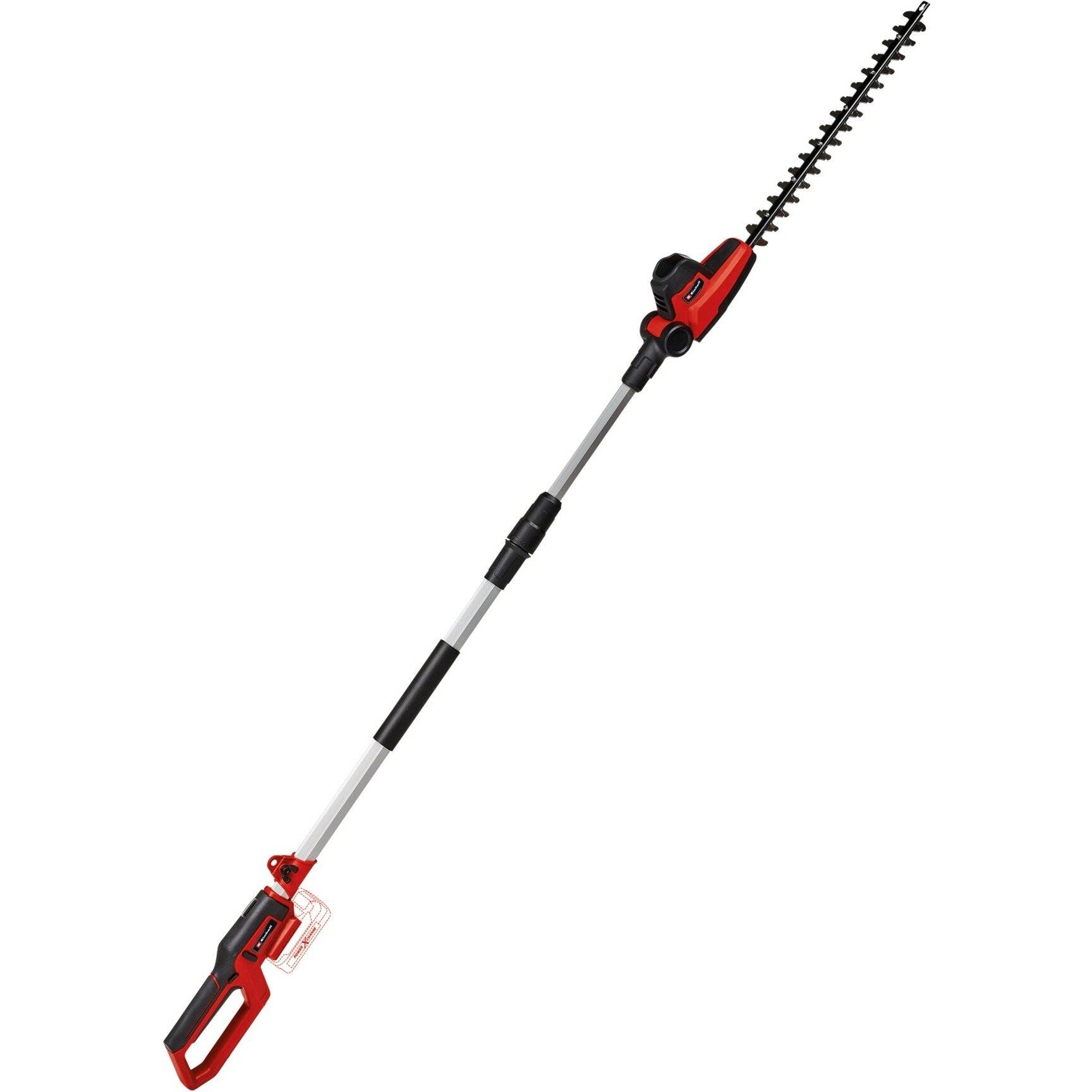 Ein roter und schwarzer, ausziehbarer elektrischer Heckenschneider mit langem Griff und Schneidklinge, der für das Trimmen hoher Hecken konzipiert ist.