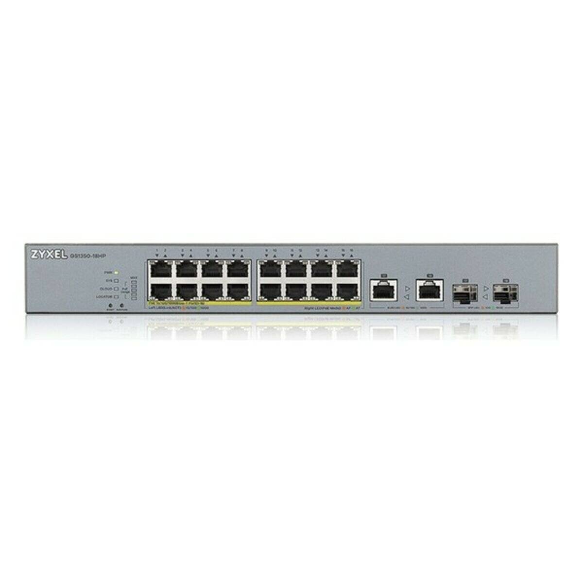 Frontansicht eines ZyXEL-Netzwerkschalters mit mehreren Ethernet-Anschlüssen und Statusanzeigen auf einem grauen Rack-Mount-Panel.