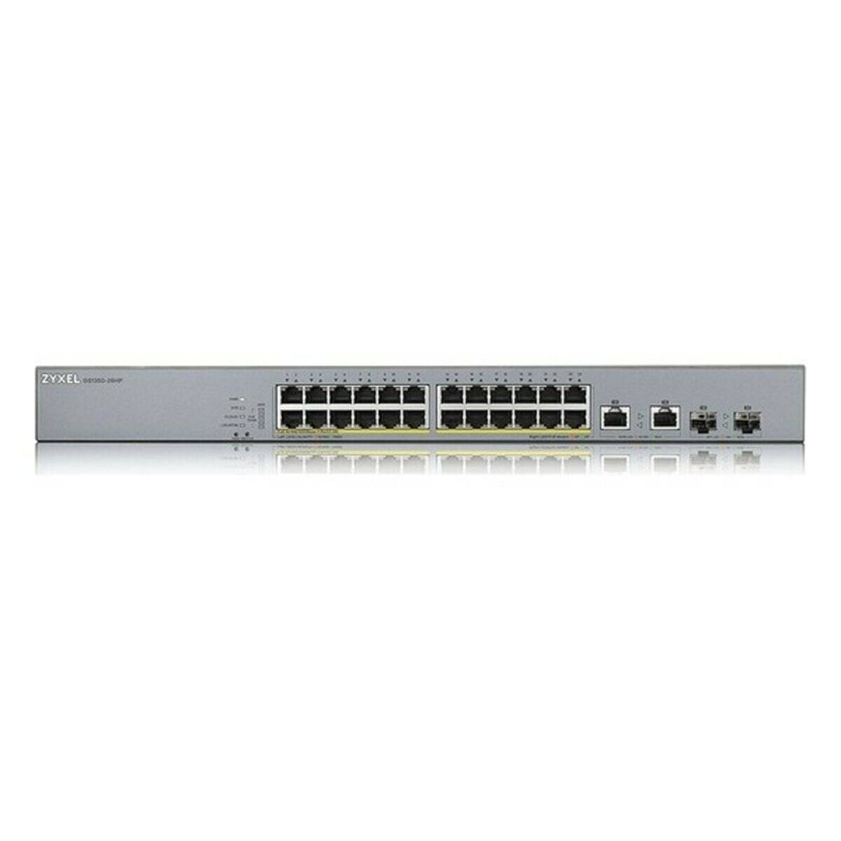 Vorderansicht eines ZyXEL-Netzwerk-Switches mit mehreren Ethernet-Anschlüssen und Statusleuchten, dargestellt auf weißem Hintergrund.