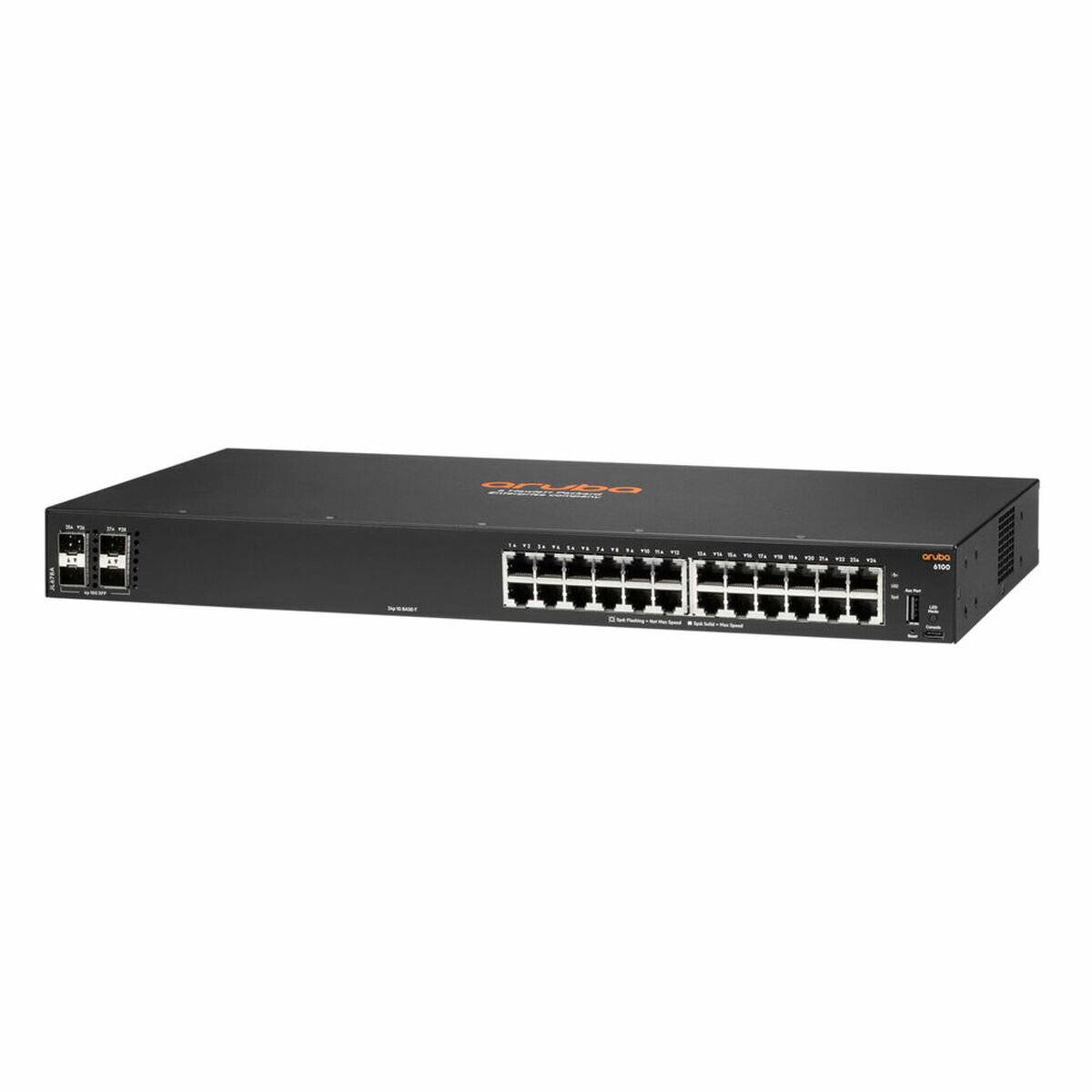 Ein schwarzer Netzwerk-Switch mit mehreren Ethernet-Anschlüssen, auf dem oben der Markenname angebracht ist.