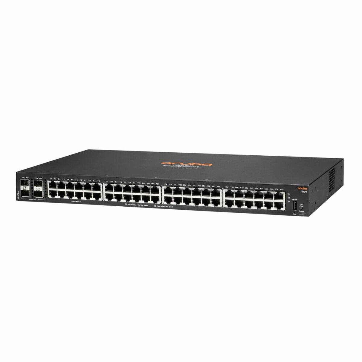 Ein schwarzer Netzwerk-Switch mit mehreren Ethernet-Ports und zwei Glasfaser-Ports, auf der Oberseite mit einem 'Aruba' Logo gekennzeichnet.