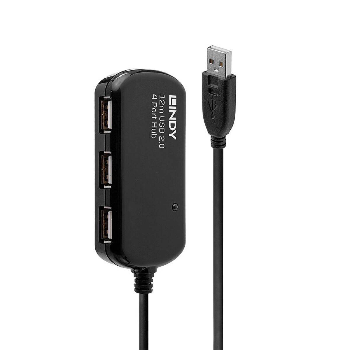 Ein schwarzer 4-Port USB 2.0 Hub mit drei USB-Anschlüssen an der Vorderseite, der mit einem Kabel mit USB-Stecker verbunden ist.