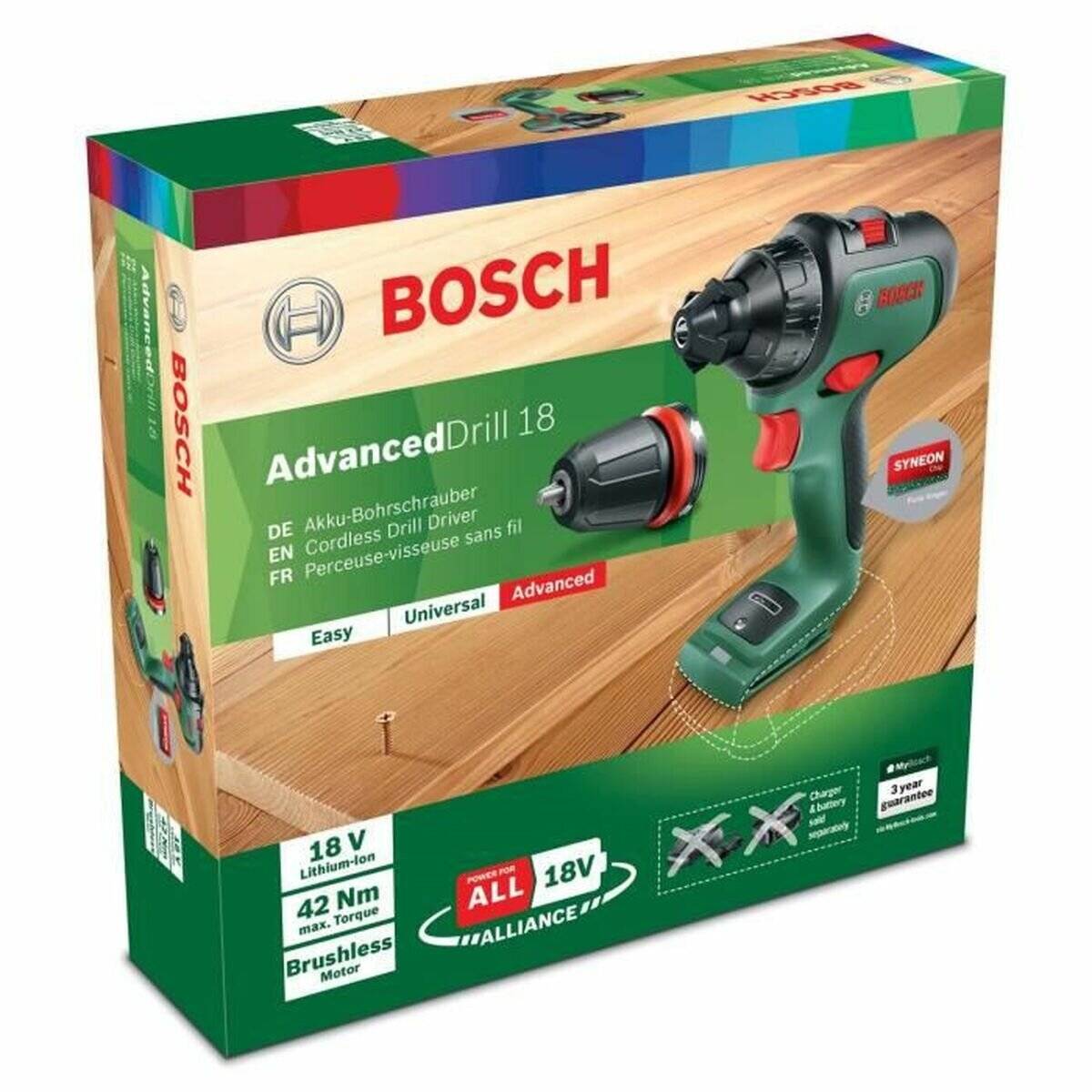 Ein Bosch AdvancedDrill 18 Akku-Bohrschrauber ist auf der Verpackung zu sehen, ausgestattet mit 18V Lithium-Ionen-Akku, bürstenlosem Motor und Bohraufsätzen.