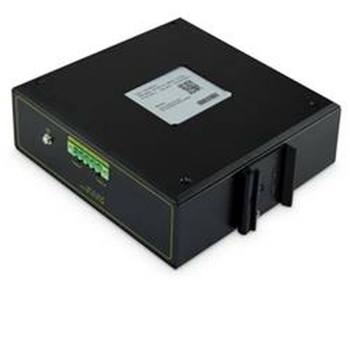 Ein schwarzes elektronisches Gerät mit rechteckiger Form, das einen QR-Code und Anschlüsse an einer Seite aufweist, positioniert auf einem weißen Hintergrund.