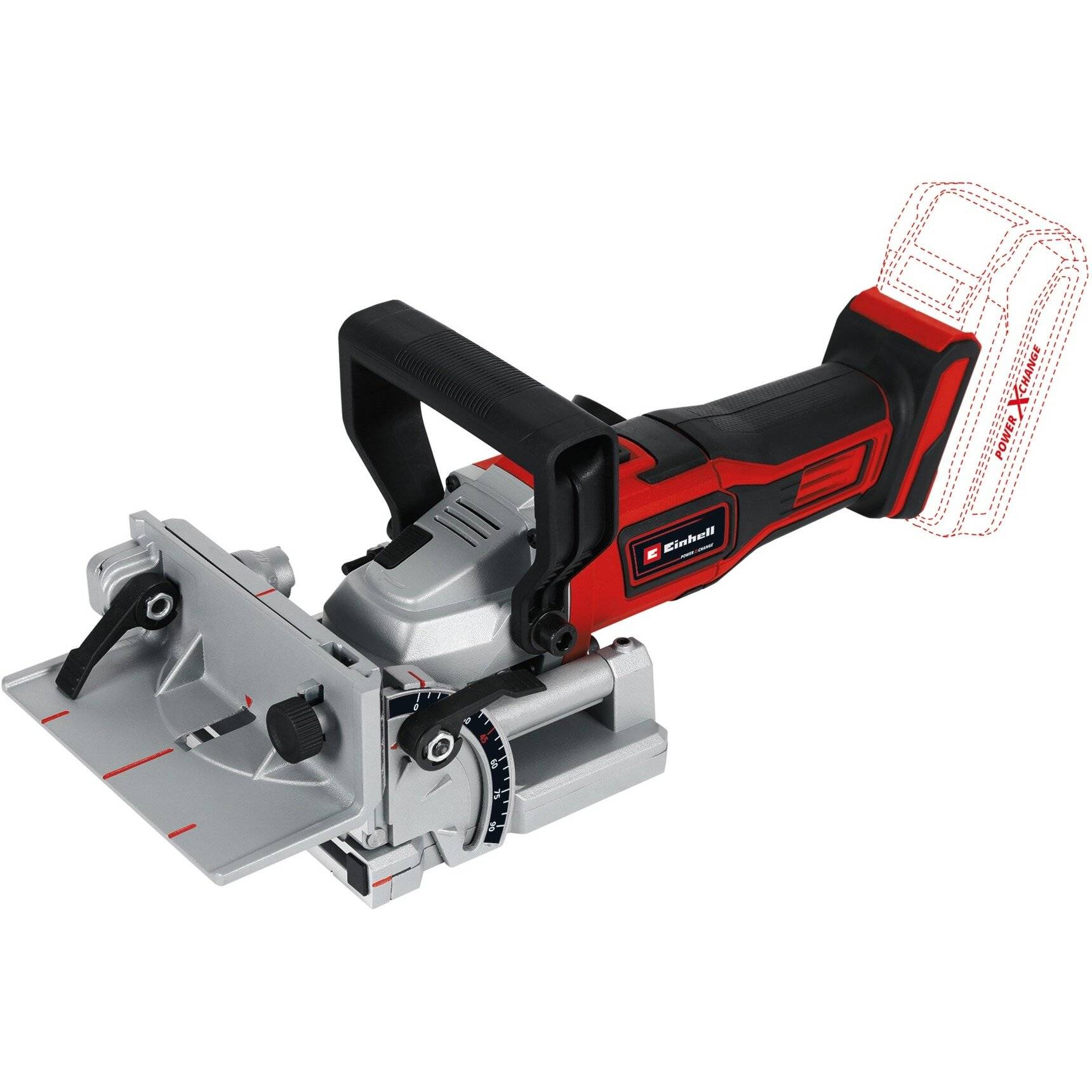 Ein rot-schwarzes, kabelloses Handgerät mit einer flachen Basis, wahrscheinlich für Holzarbeiten oder Bauarbeiten verwendet, mit einem verstellbaren Mechanismus.