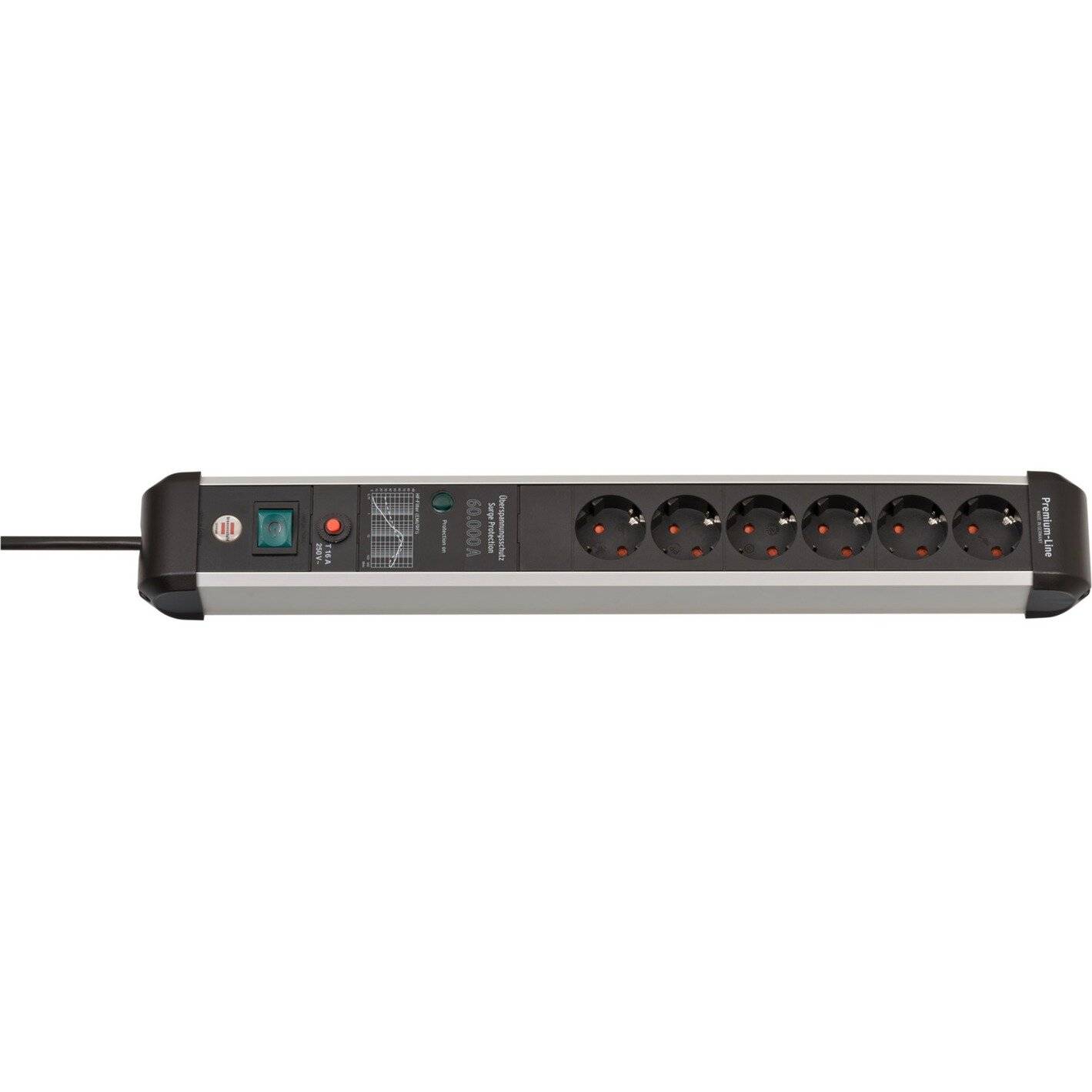 Steckdosenleiste mit sechs Anschlüssen, einem Schalter mit Kontrollleuchte und einem Kabel. Entwickelt für elektrische Verbindungen und Überspannungsschutz.