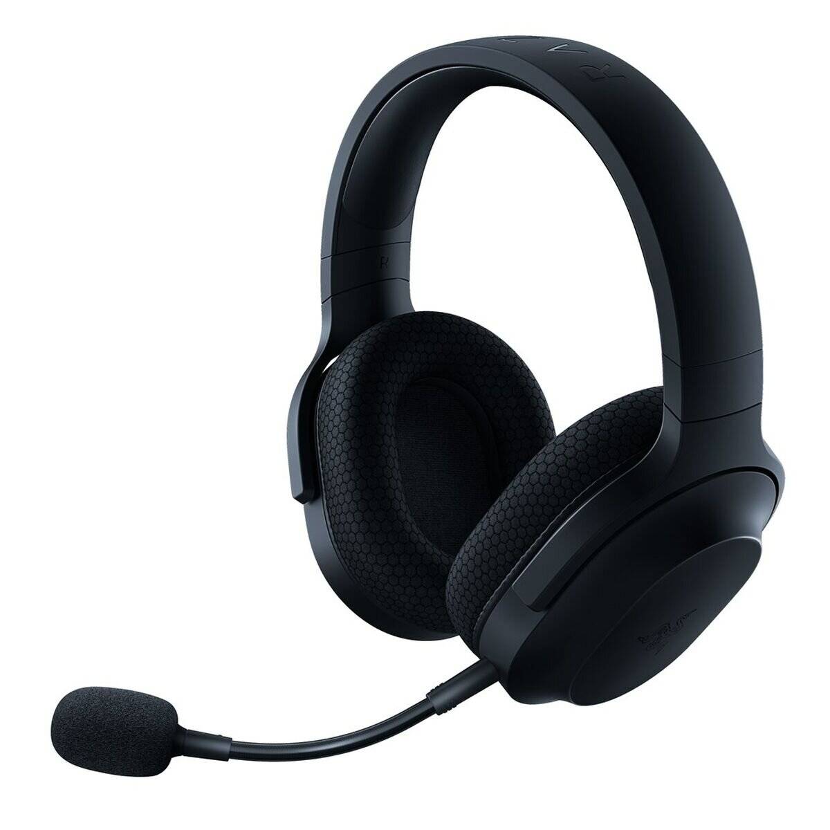 Ein schwarzes drahtloses Gaming-Headset mit Mikrofon wird gezeigt.