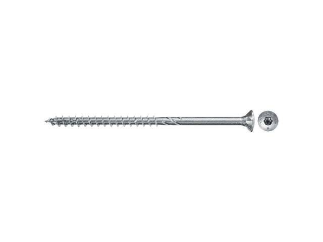 Eine silberne Holzschraube mit einem flachen, versenkten Kopf und einem Torx-Antrieb, daneben deren passendes Schraubendreher-Bit.