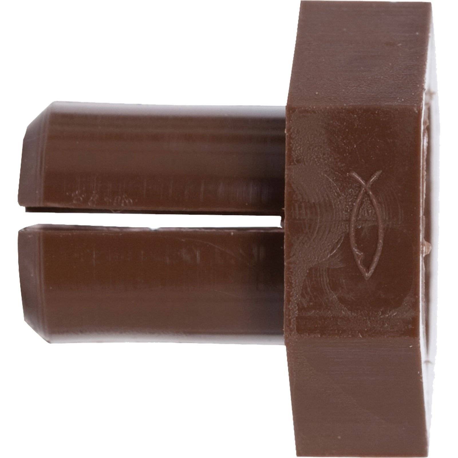 Ein brauner Kunststoffstecker mit zwei Zinken und einer flachen runden Oberseite, der Gewindedetails zeigt und typischerweise als Möbel- oder Wanddübel verwendet wird.