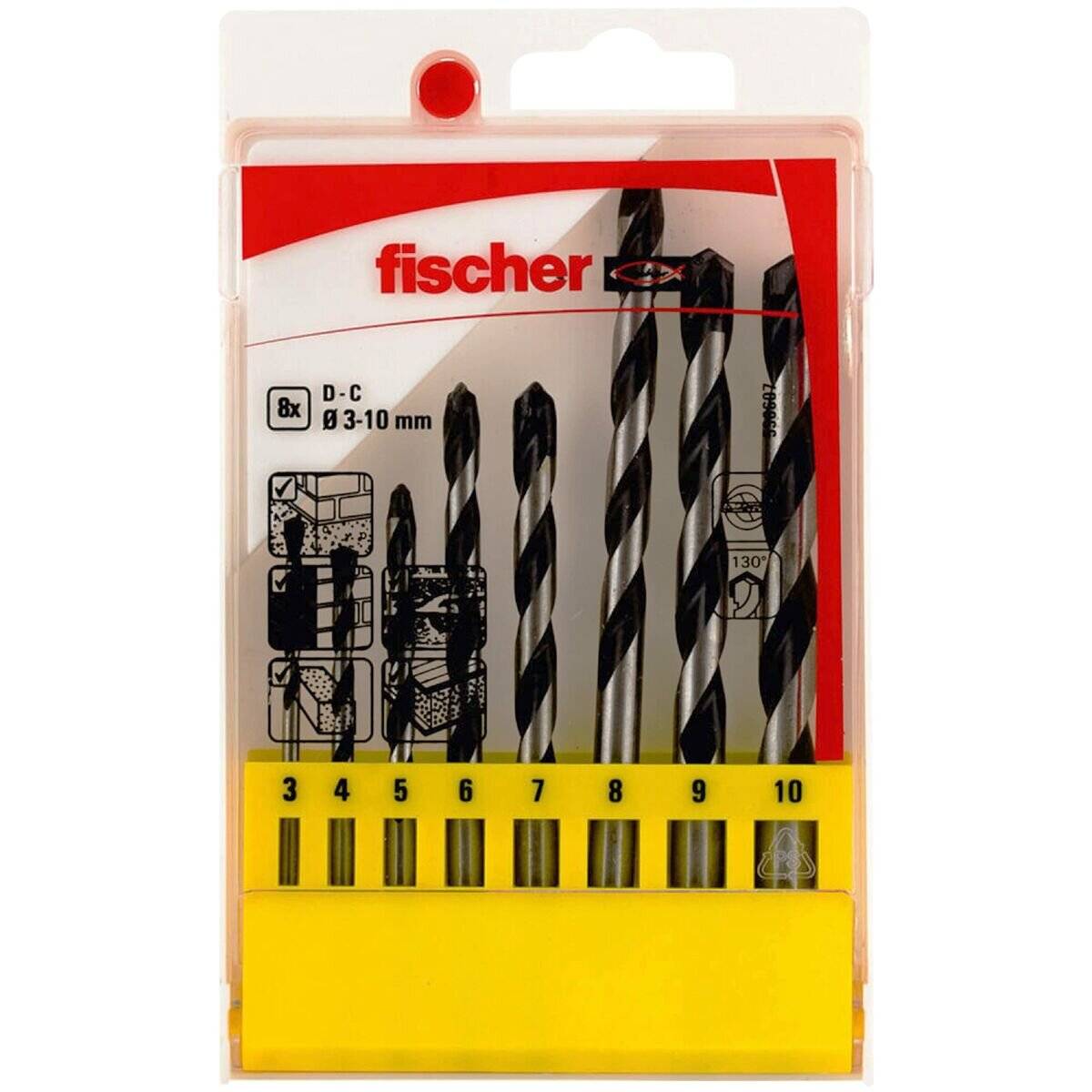 Ein Satz fischer Bohrer in einem Kunststoffkoffer, mit Größen von 3 bis 10 mm, beschriftet von 3 bis 10, mit einer illustrierten Gebrauchsanleitung.