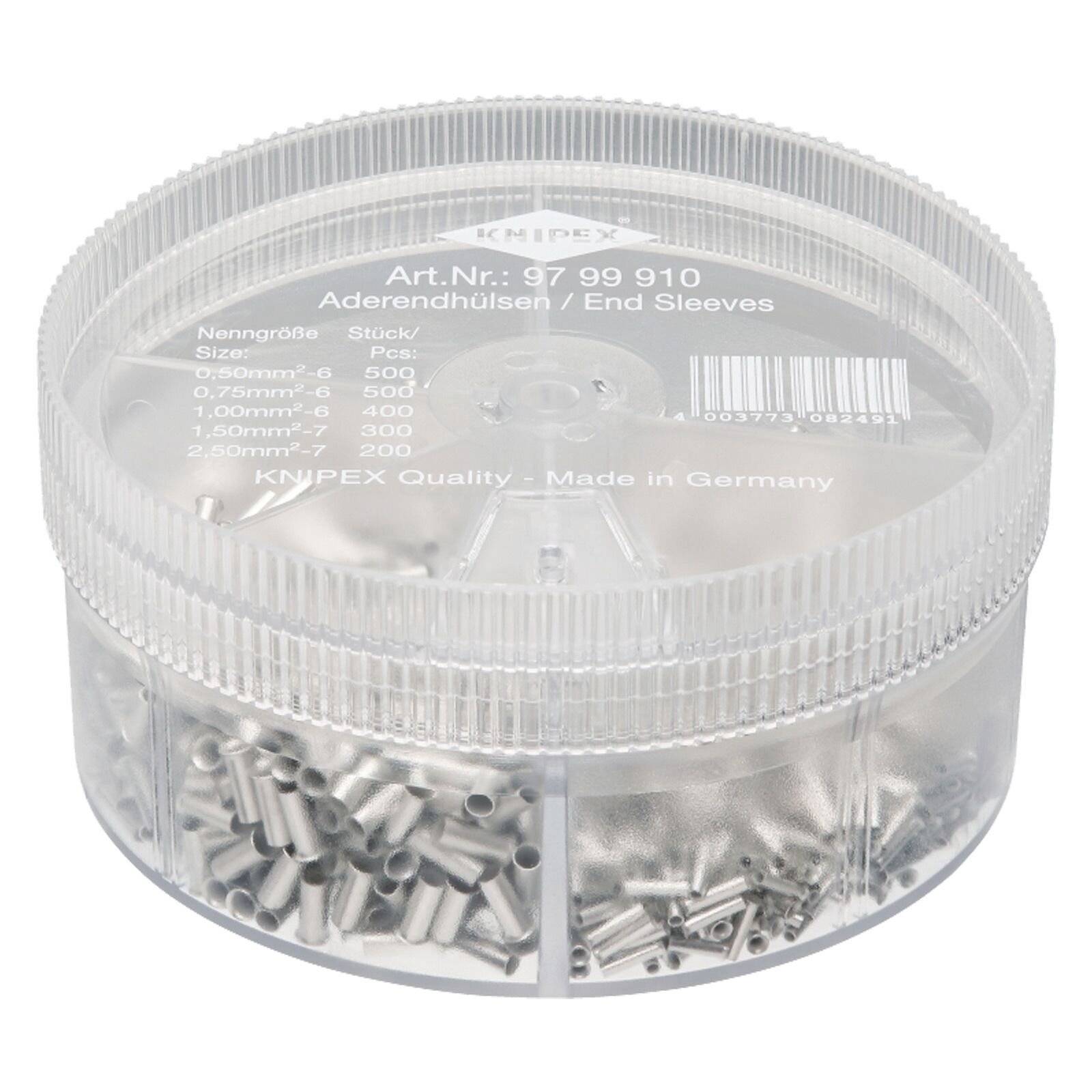 Rundes durchsichtiges Gefäß mit verschiedenen Größen von Kabelendhülsen. Etiketten zeigen Mengen: 0,50mm² 500, 0,75mm² 400, 1,00mm² 300, 1,50mm² 200, 2,50mm² 100. KNIPEX-Marke, hergestellt in Deutschland.