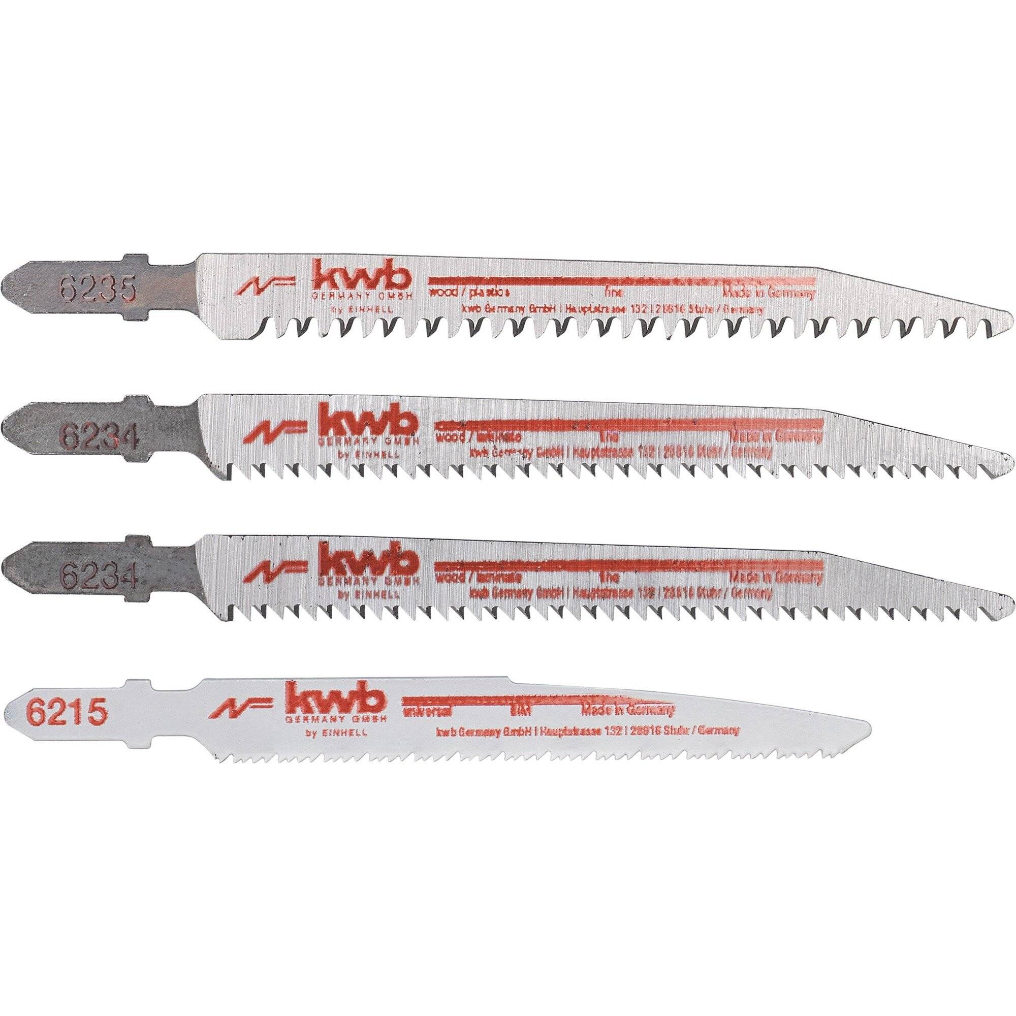 Vier Stichsägeblätter mit unterschiedlich großen Zähnen, gekennzeichnet mit '6215', '6234', '6233' und '6235', von KWB zum Schneiden von Holz oder Kunststoff beschriftet.