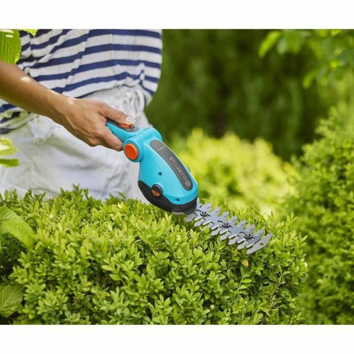 Eine Person beschneidet eine Hecke mit einem kabellosen elektrischen Heckenschneider und trägt dabei ein gestreiftes Hemd. Das Gerät ist blau mit einem schwarzen Griff.