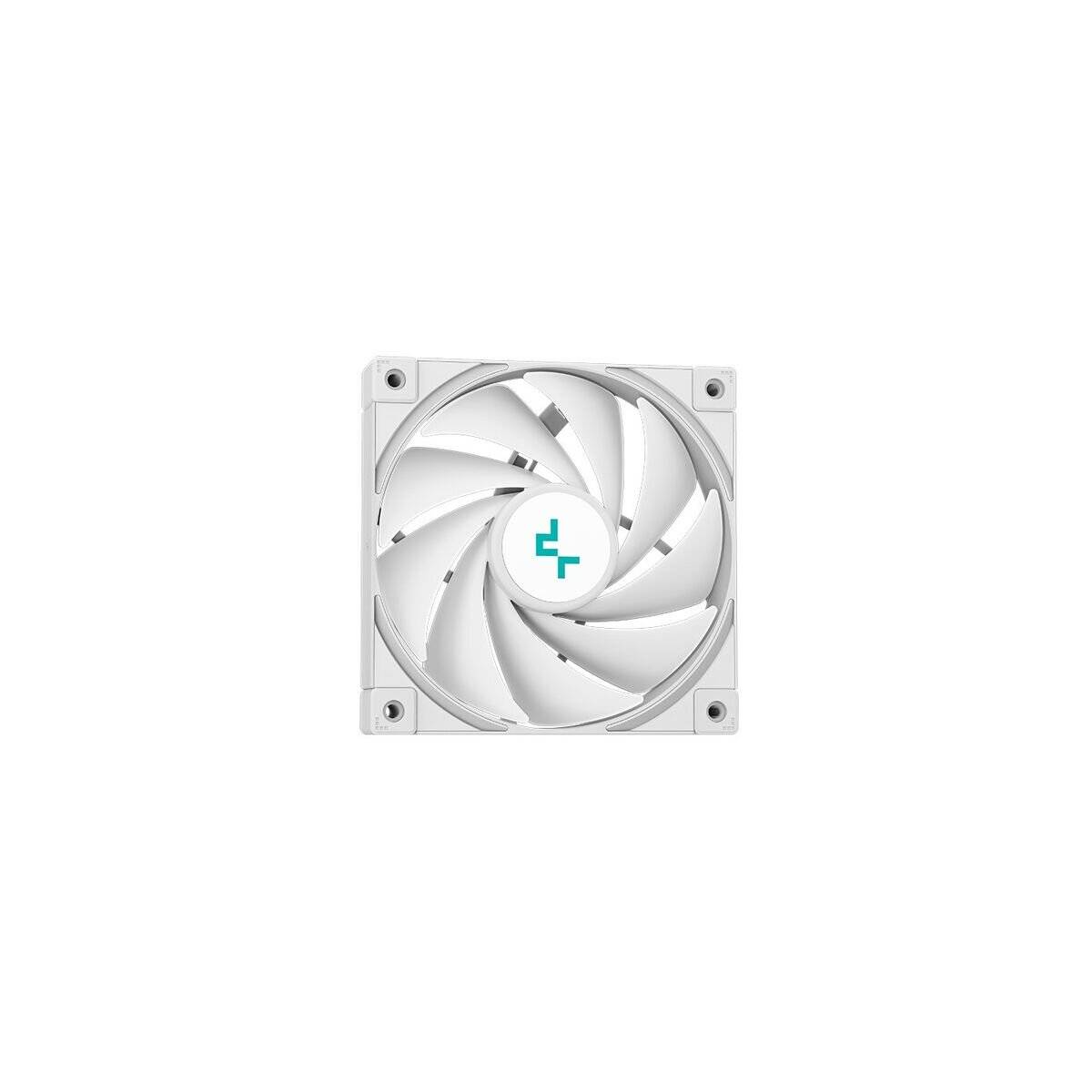 Ein weißer Computer-Kühlventilator mit einem Design, das ein zentrales blaues Logo und rotierende Lüfterblätter aufweist.