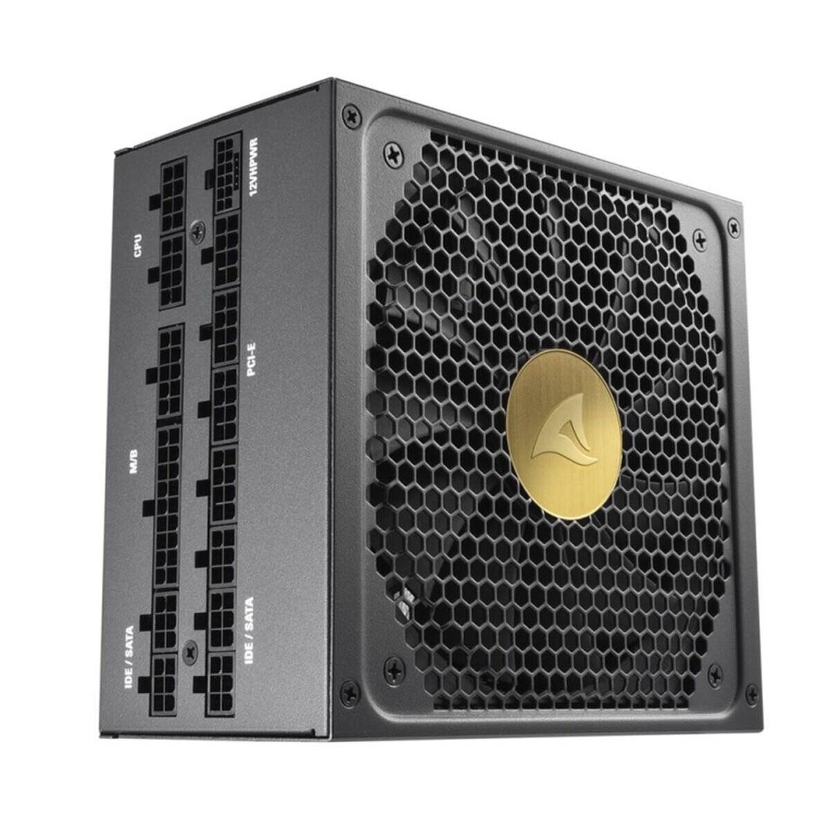 Ein schwarzes Computer-Netzteil mit einem Lüfter und beschrifteten modularen Anschlüssen für verschiedene Komponenten.