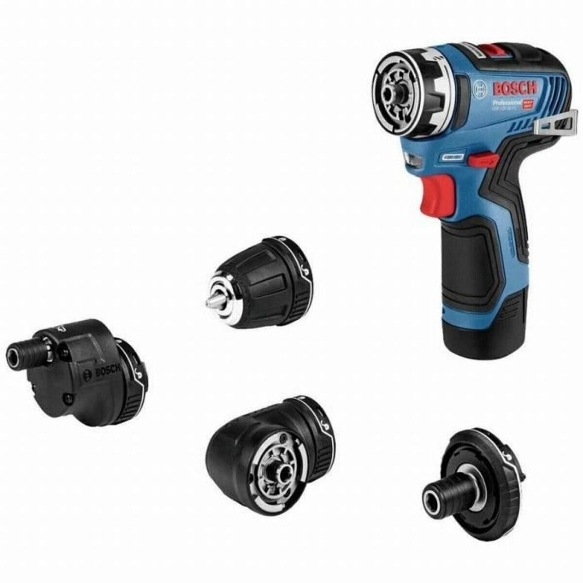 Bohrmaschinen-Set mit elektrischer Bohrmaschine und vier auswechselbaren Köpfen, jeweils für verschiedene Funktionen. Die Bohrmaschine hat ein blau-schwarzes Design.