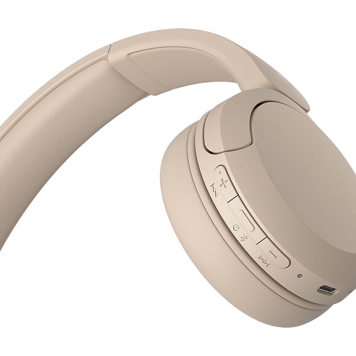 Kabellose Over-Ear-Kopfhörer in Beige, mit Tasten für Lautstärkeregelung, Wiedergabesteuerung und Konnektivität.