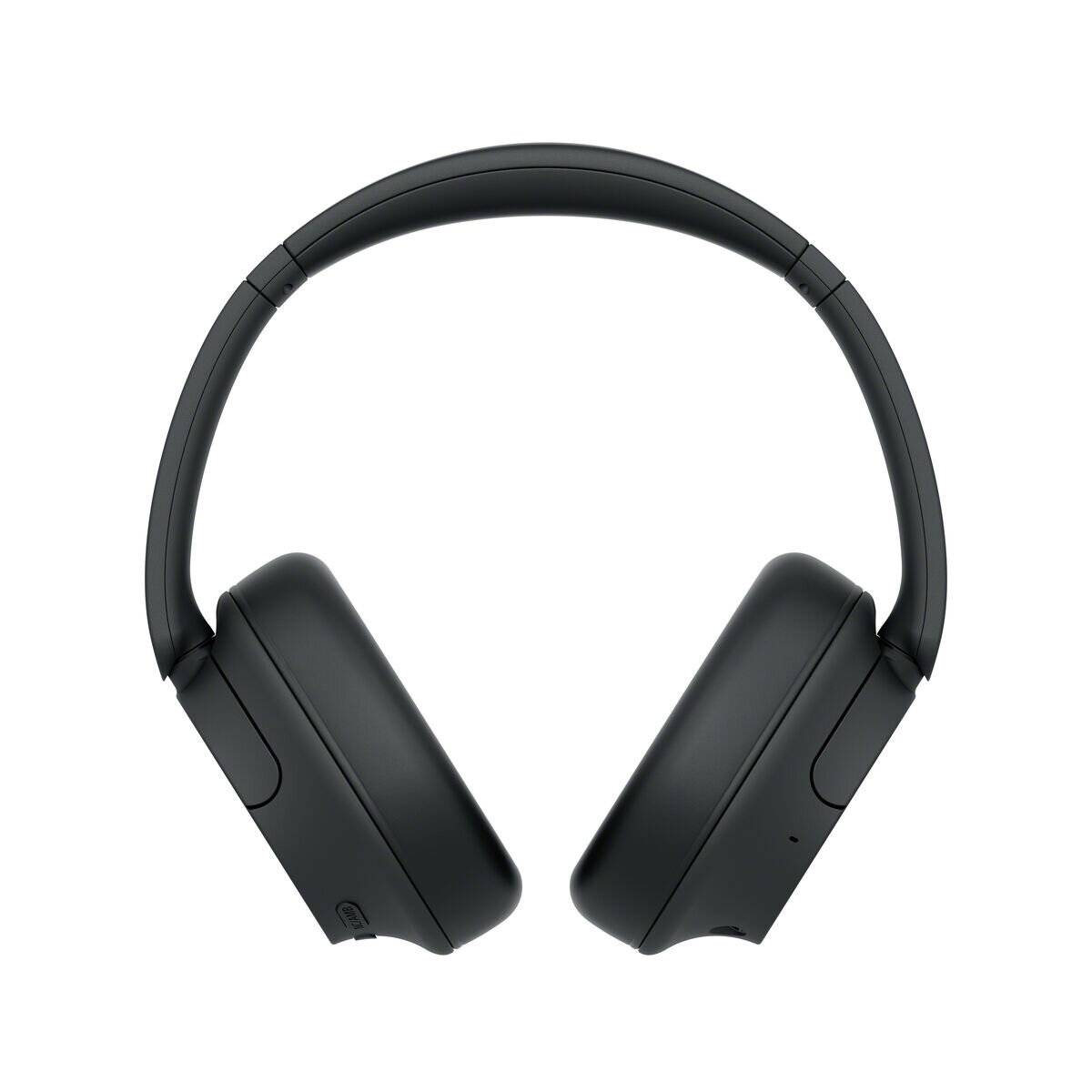Schwarze Over-Ear-Kopfhörer mit elegantem Design, von vorne betrachtet, mit gepolsterten Ohrmuscheln und Kopfbügel.