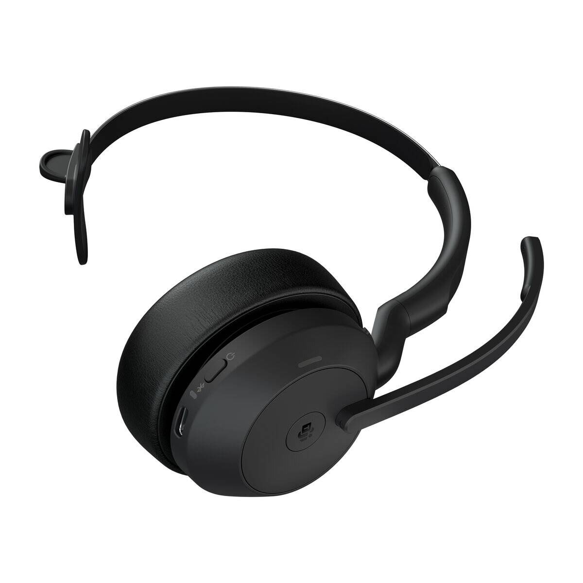 Ein schwarzes Over-Ear-Headset mit Mikrofonbügel, ausgestattet mit gepolsterten Ohrmuscheln und einem verstellbaren Kopfbügel, entwickelt für komfortable Kommunikation.