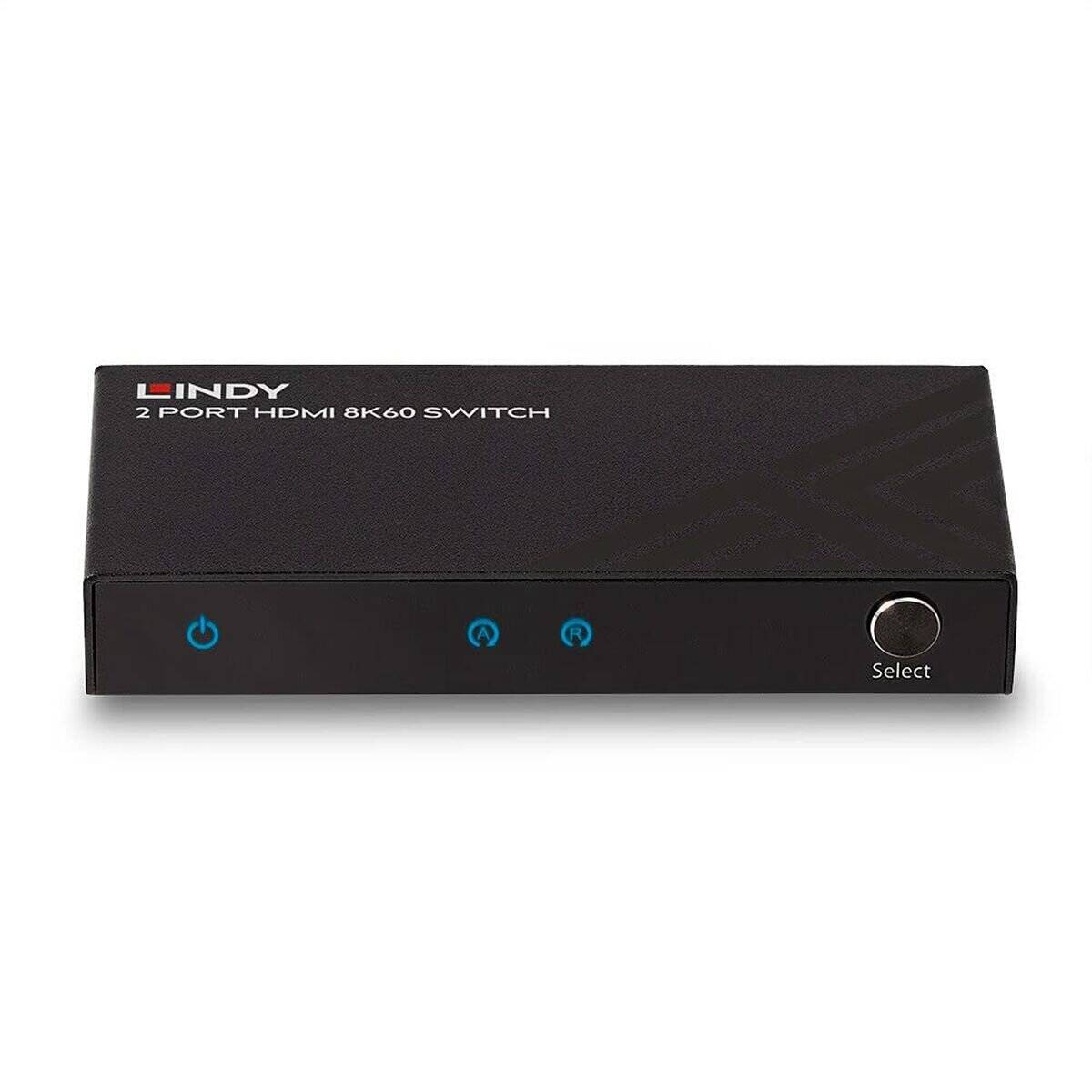 Ein schwarzer Lindy 2-Port-HDMI-8K60-Switch mit Stromversorgung, Eingangswahl und Selektionsknopf an der Frontseite.