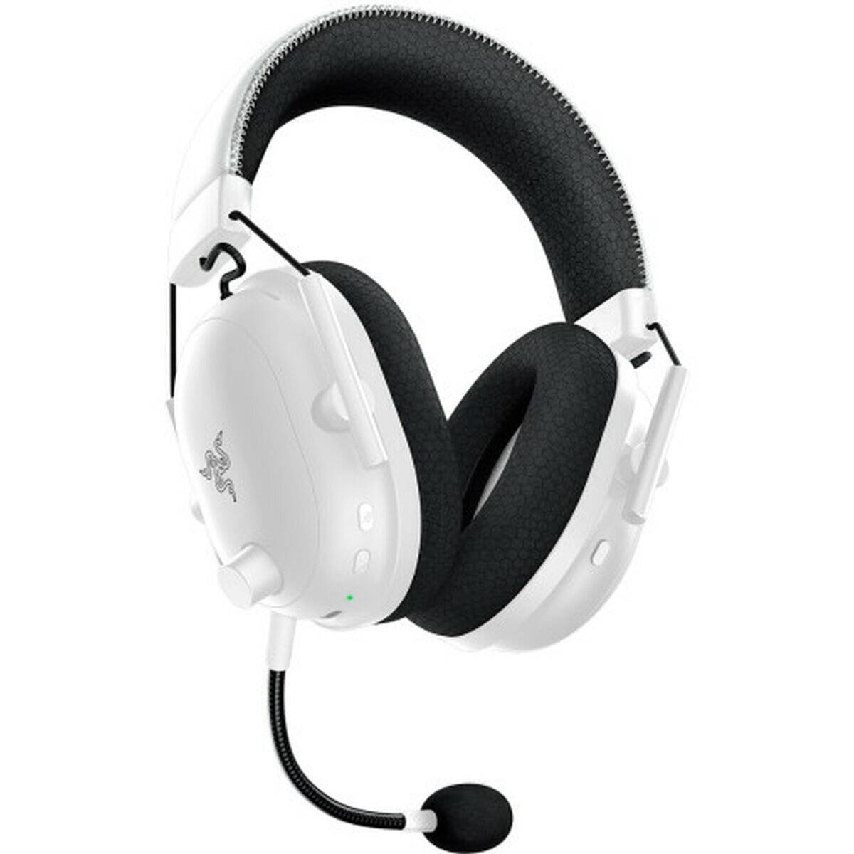 Weißes Over-Ear-Gaming-Headset mit gepolsterter Kopfbügel, abnehmbarem Mikrofon und Markenlogo auf den Ohrmuscheln.