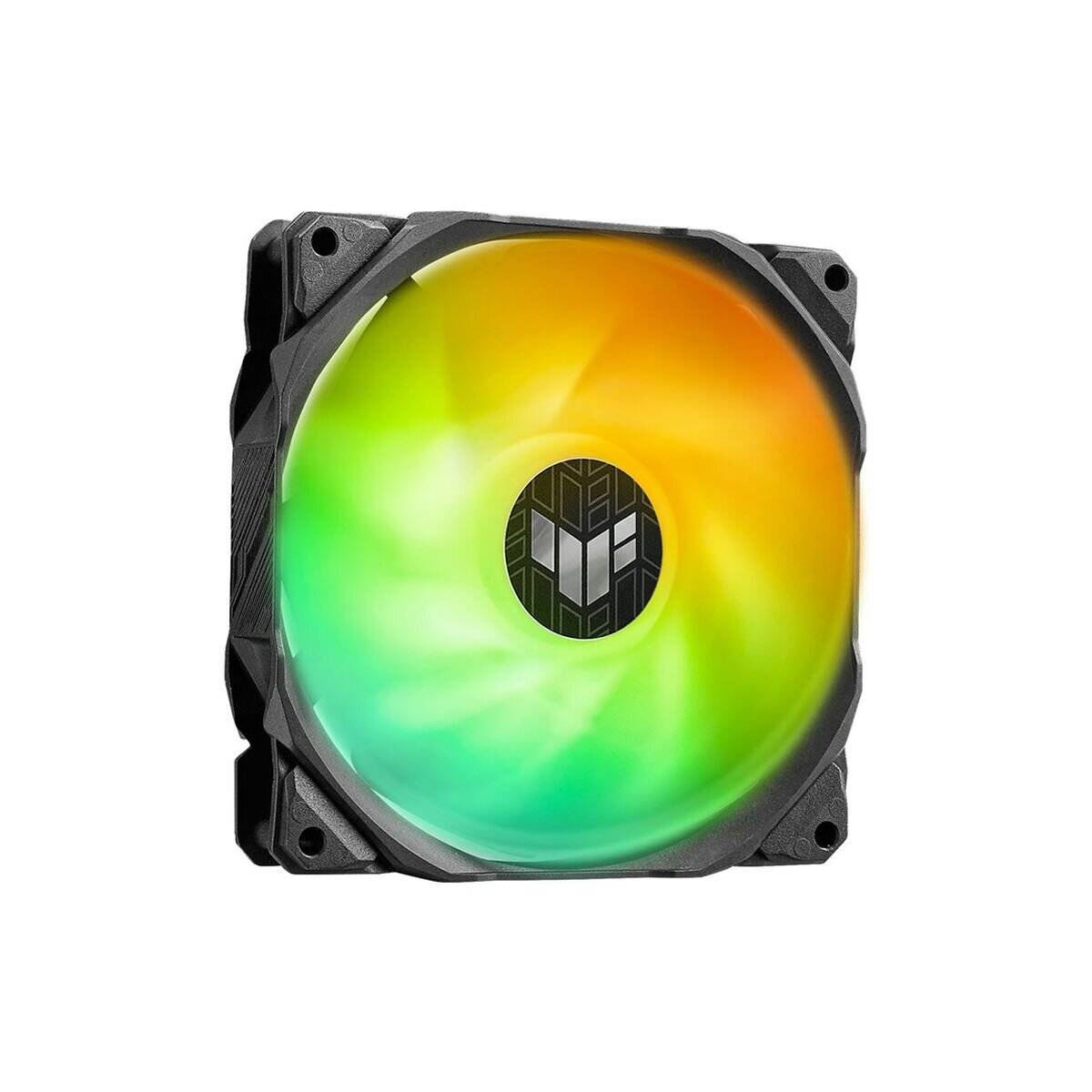 Ein Computerlüfter mit RGB-Beleuchtung emittiert einen Farbverlauf, der Grün, Gelb und Orange umfasst, eingehüllt in einen schwarzen Rahmen.