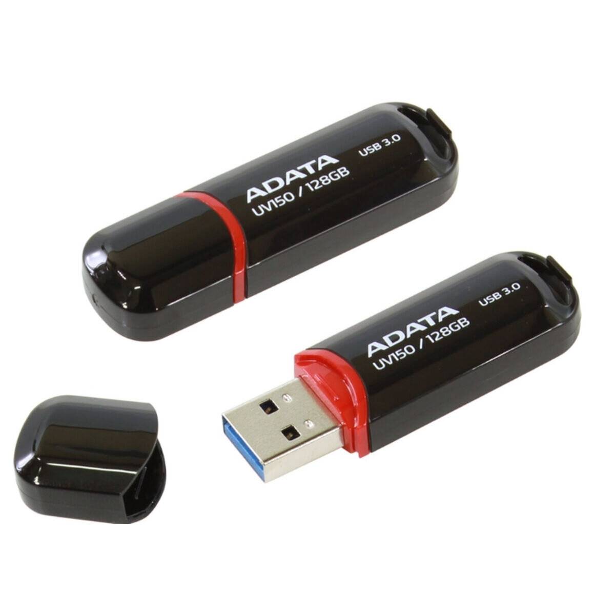 Zwei ADATA USB-3.0-Speichersticks, einer mit Schutzkappe und einer ohne, mit der Aufschrift „UV150/128GB