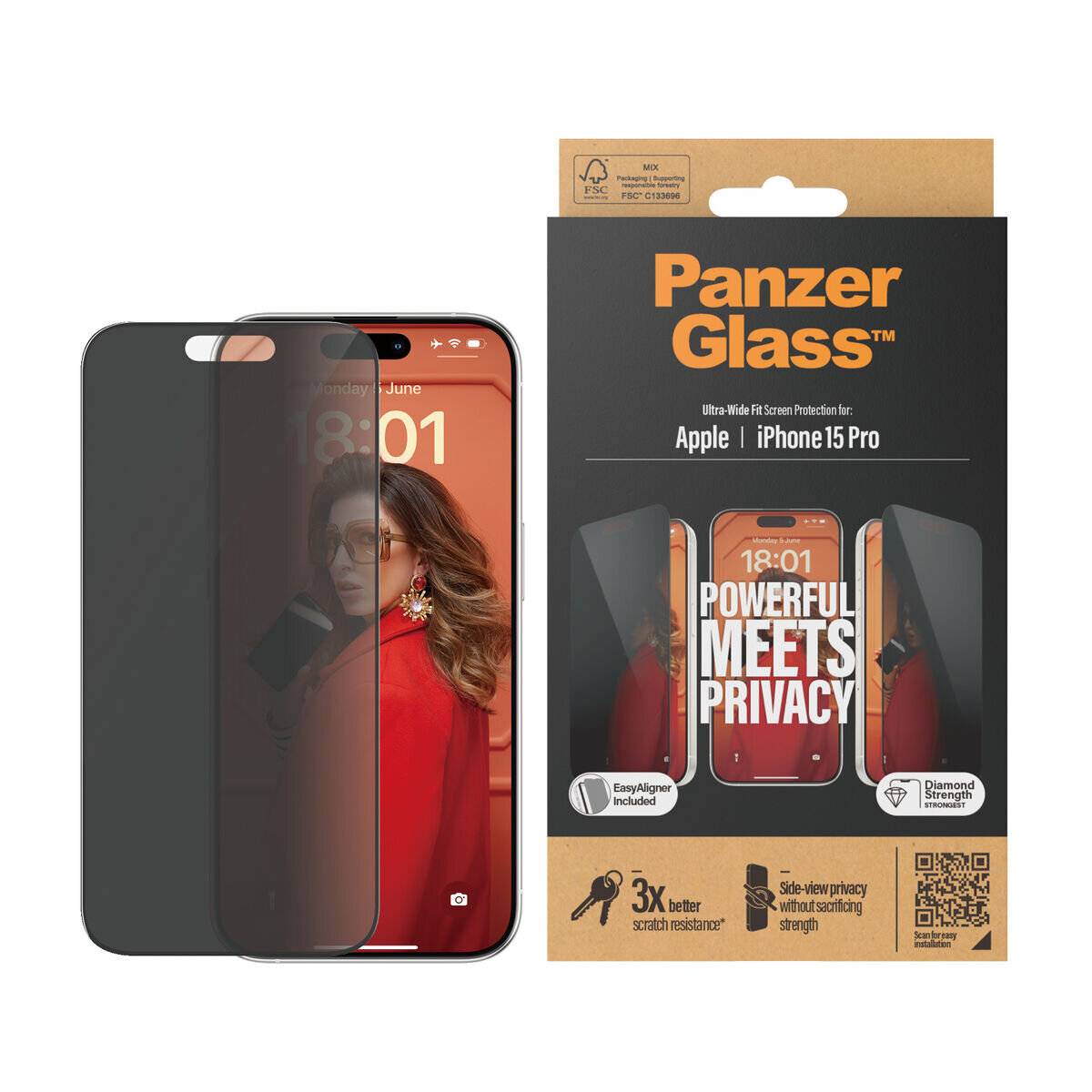 PanzerGlass - Privatsphä re Bildschirmschutz iPhone 15 Pro - Ultra-Wide Fit m. EasyAli