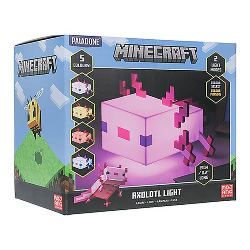 Minecraft Axolotl Licht' Verpackung mit einem würfelförmigen, rosa Axolotl-Licht und dem Text '5 Farben', '2 Lichtmodi' sowie Produktabmessungen.