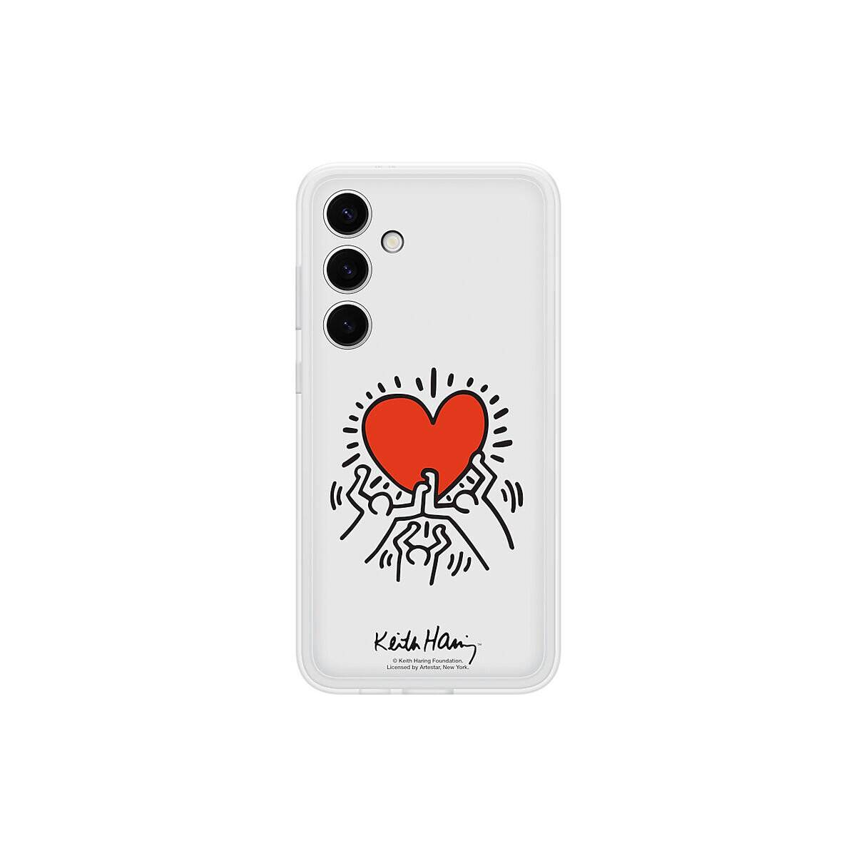 Eine durchsichtige Handyhülle mit einem roten Herz mit ausstrahlenden Linien, das von abstrakten Figuren gehalten wird, mit der Signatur ‚Keith Haring' am unteren Rand.